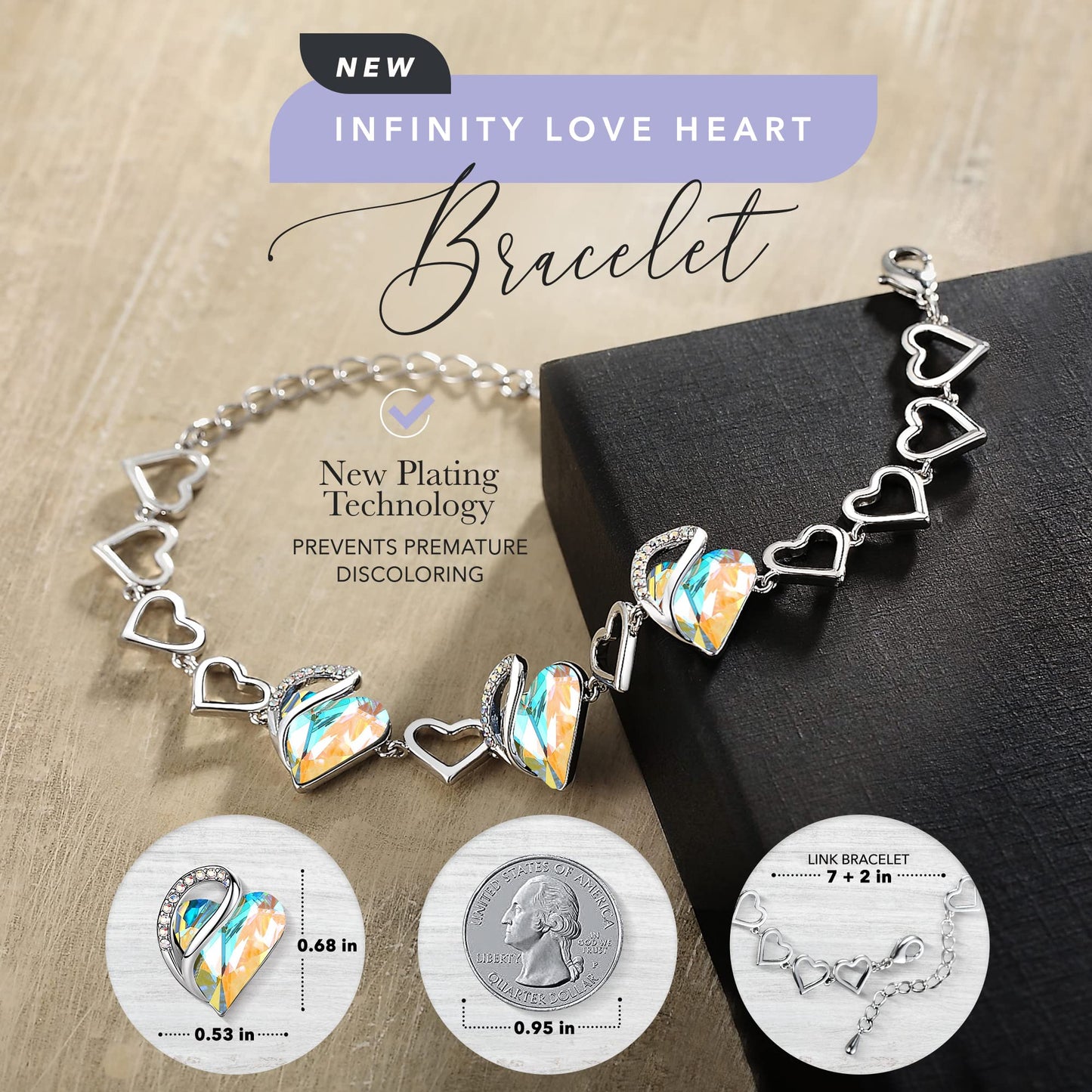 Leafael Infinity Love Heart Gift Bracelet for Women, April Birthstone Crystal, Rainbow Opal White, Silver Tone, 7-inch Chain and 2-inch Extender