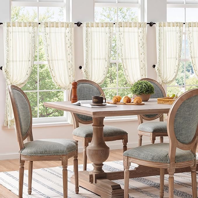 jinchan Winslow Linen Curtains 54 Inch Length Small Window Curtains Embroidered Bordered Floral Drapes Light Filtering for Bathroom Laundry Room Kitchen Farmhouse Decor Sage on Beige 2 Panels