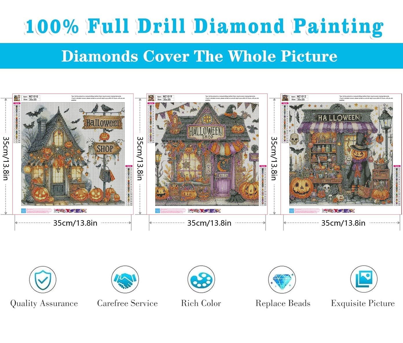 3 Pack Diamond Art Kits for Adults, Halloween Pumpkin Bat Shop Diamond Painting Kits for Adults, 5D DIY Round Full Drill Gem Art Paint With Diamonds Dots Crafts Kits for Home Decor Gift 14x14inch