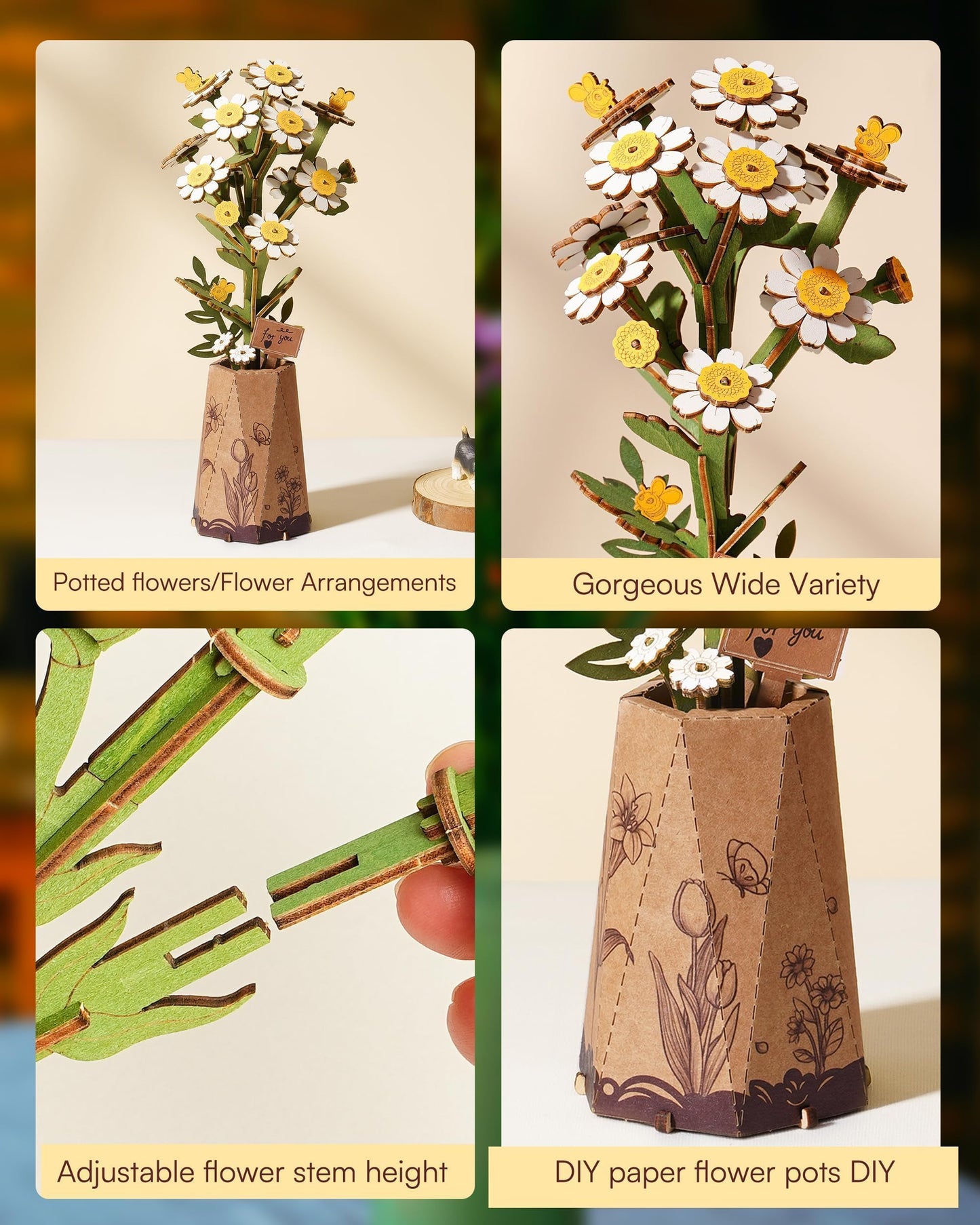 Wowood 3D Flower Wooden Puzzles for Adults-Chamomile, Mothers Day DIY Wooden Flowers Model Kit Building Set Crafts Gifts, Artificial Botanical Collection Creative Gift Ideas/Housewarming (101PCS)