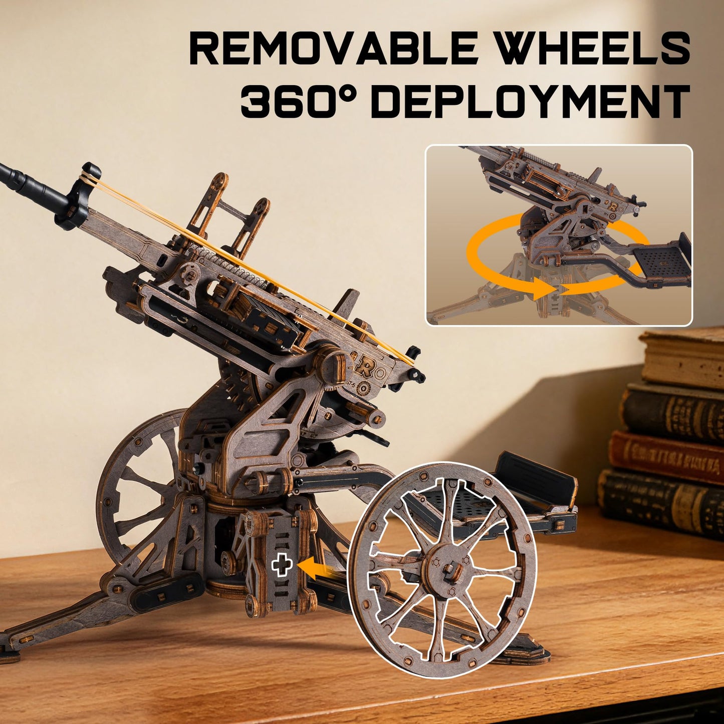 ROKR Anti-Aircraft Gun 3D Wood Puzzle for Adults - Mechanical Rubber Band Shooting Model Kit, DIY Building Set for Teens and Hobbyists, Desktop Decor