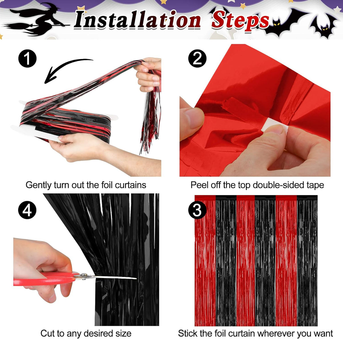 4 Pack Halloween Wall Backdrop, 3.28 FT x 7.05 FT Red and Black Party Streamer, Metallic Tinsel Curtains Fringe Backdrop Foil Streamer, Halloween Hanging Decor Casino Theme Party Decorations