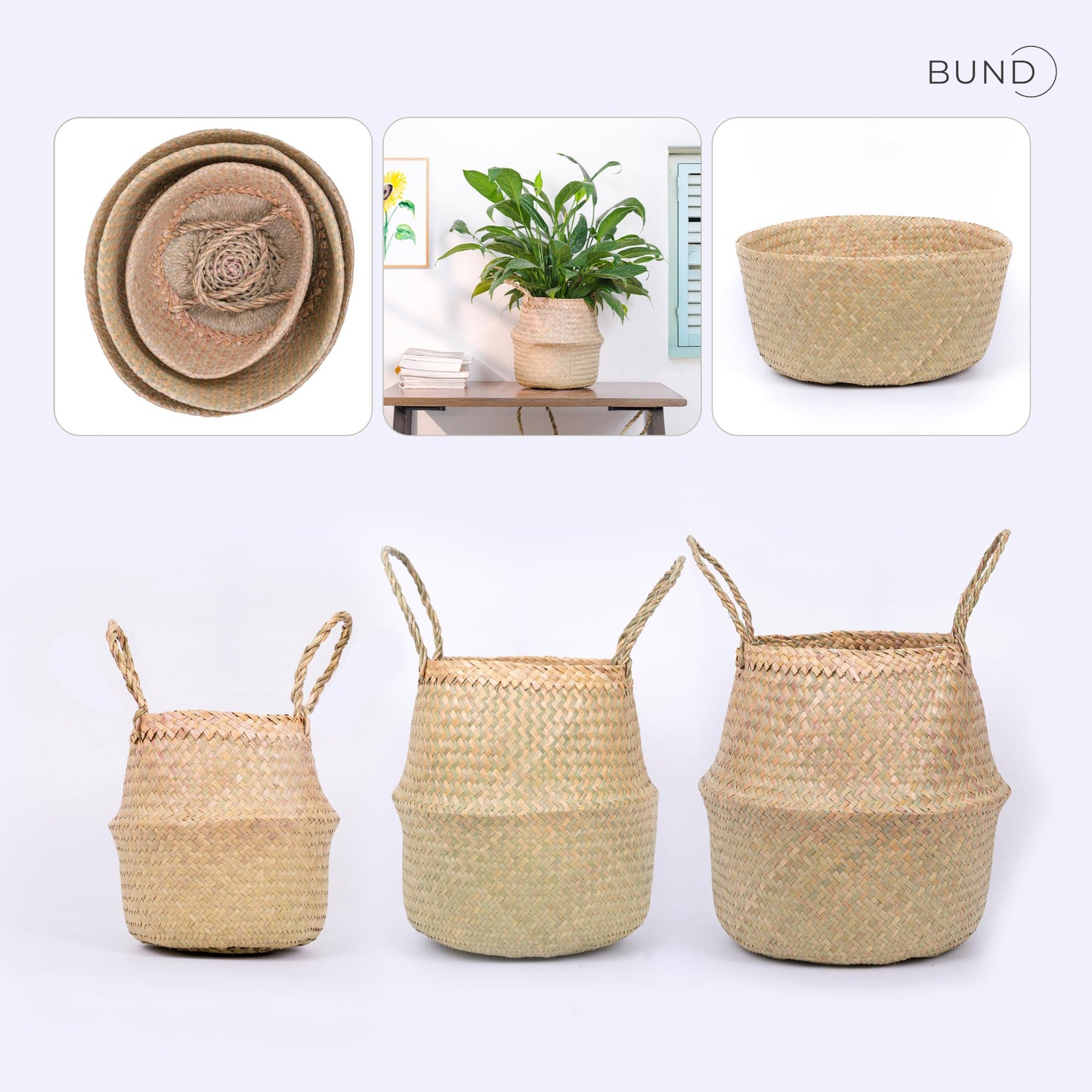 Woven Seagrass Belly Basket For Storage Plant Pot Baskets Laundry Picnic Grocery Baskets Woven Plant Pot Holder Home Decor For Storage Plants Wicker Laundry Basket (Large)