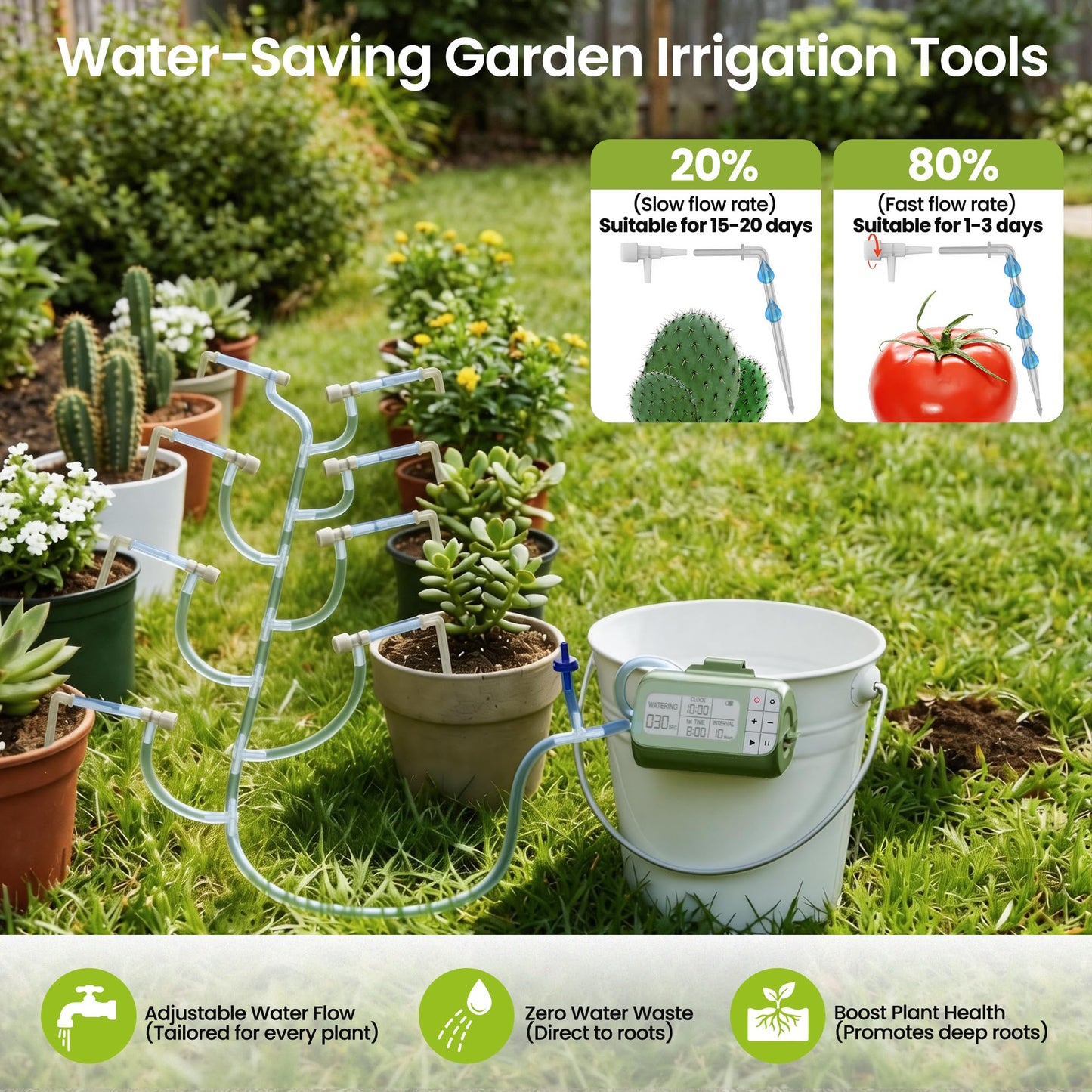 Garden Drip Irrigation System Timed Watering, Programmable Solar Water Drip for 15 Plants, Drip Irrigation Kit with 33FT 1/4'' Tube, 15x Tee Fitting, 15x Flow Valve, 15x Drip Stake(Battery Powered)