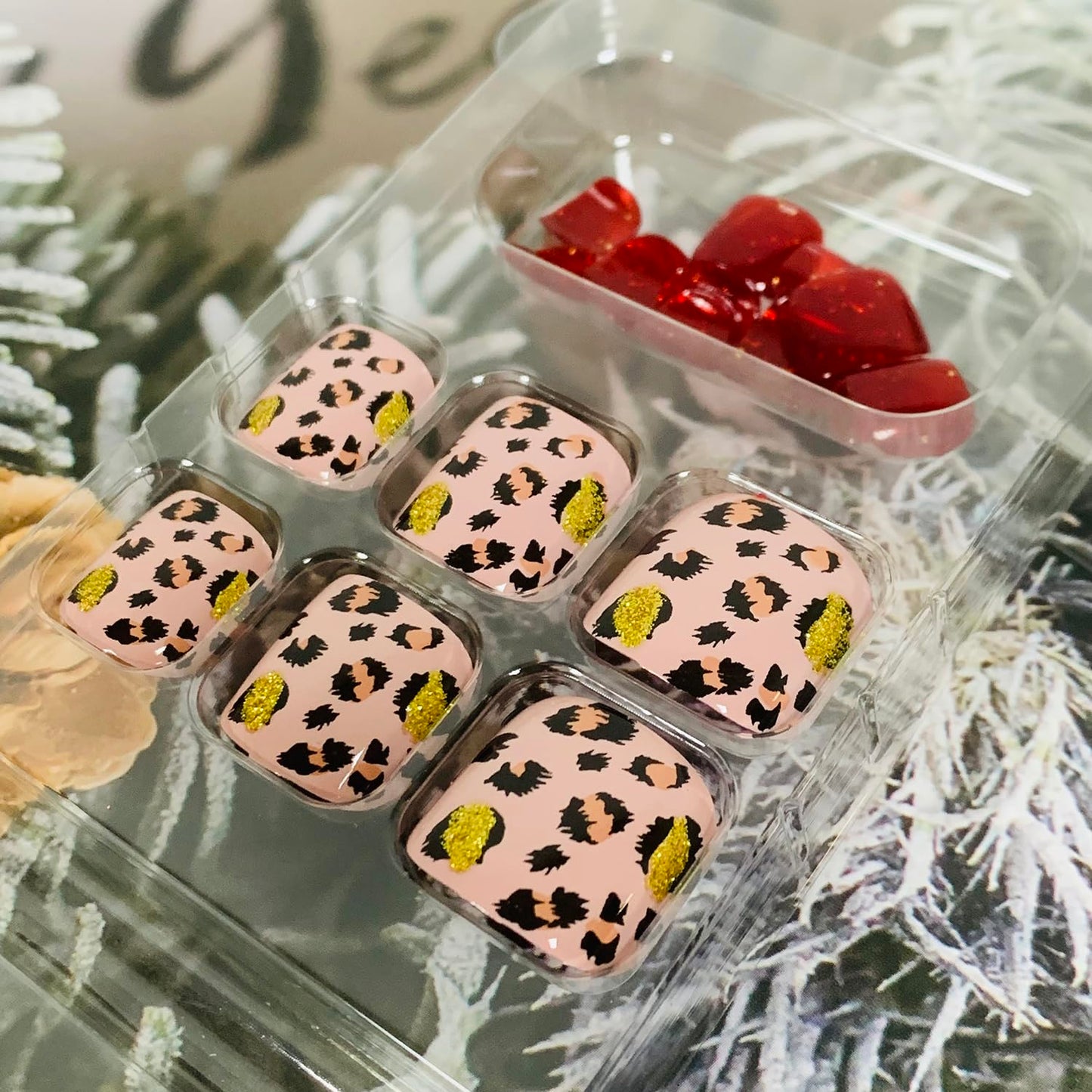 Red Press On Coffin Toenails With Leopard Designs, Full Cover Reusable False Nails With Adhesive Tab, Artificial Acrylic Fake Toe Nails, Glue On With Charm Stick On for Women