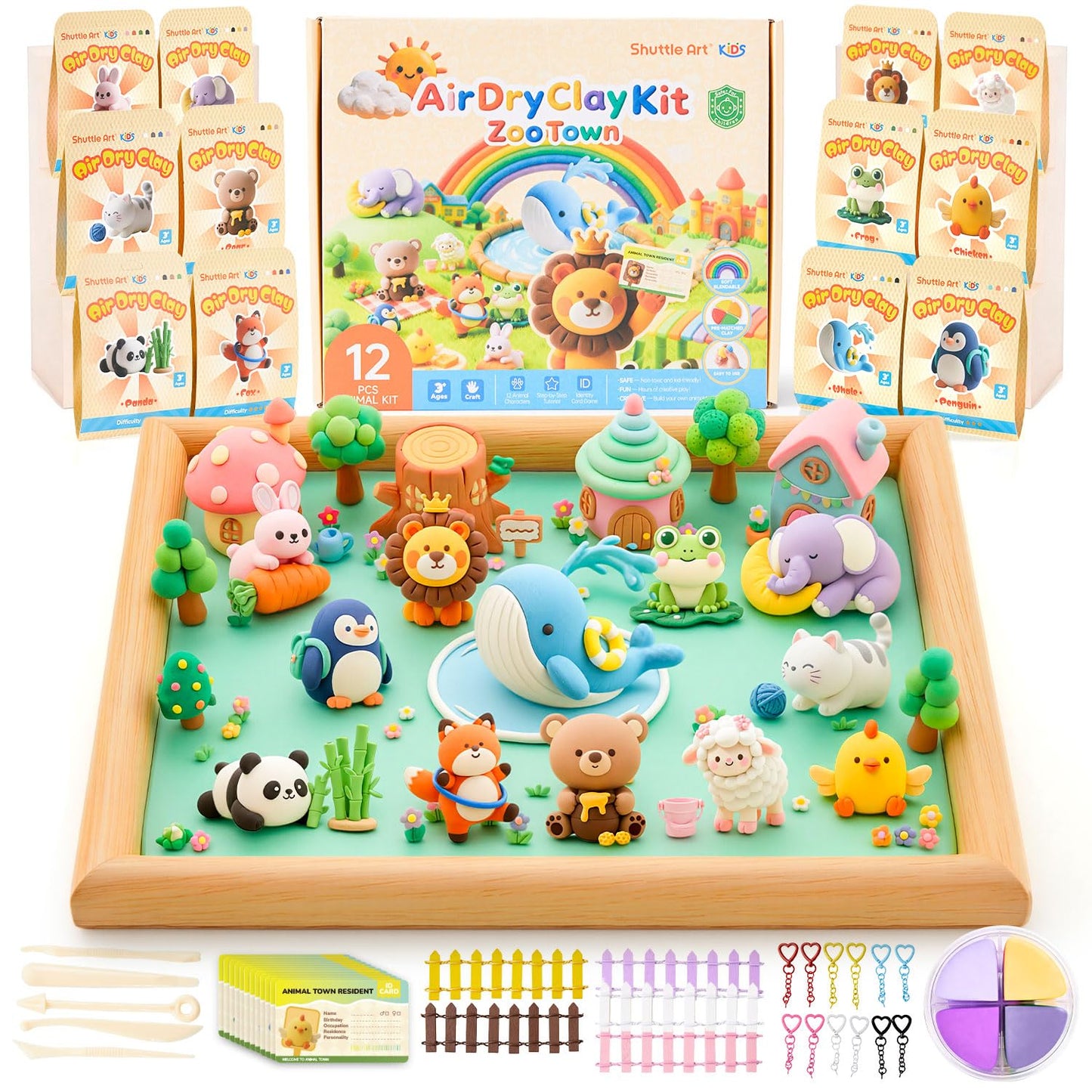 Shuttle Art Air Dry Clay for Kids - Zoo Town, 55 PCS Modeling Clay Kit with Sculpting Tools and Tutorials, Safe & Non-Sticky, Craft Gifts for Boys & Girls