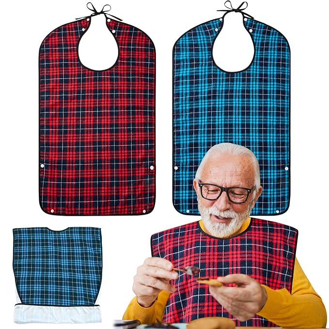 XKDOUS 2pcs Adult Bibs For Men Washable, Reusable Waterproof Large Bibs For Adult, Clothing Protector With Crumb Catcher,Bibs For Eating, Feeding Adult Bibs For Women Elderly Men Senior Citizens Gifts