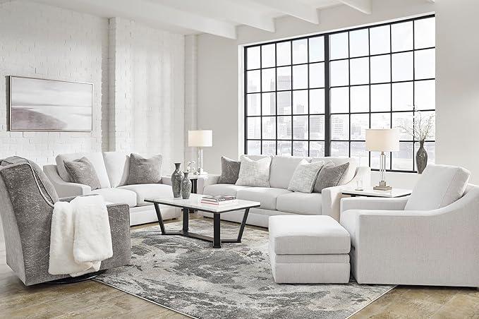 Signature Design by Ashley Maitelynn Contemporary Sofa with Accent Pillows, Reversible Cushions and Sloped Arms, Light Gray