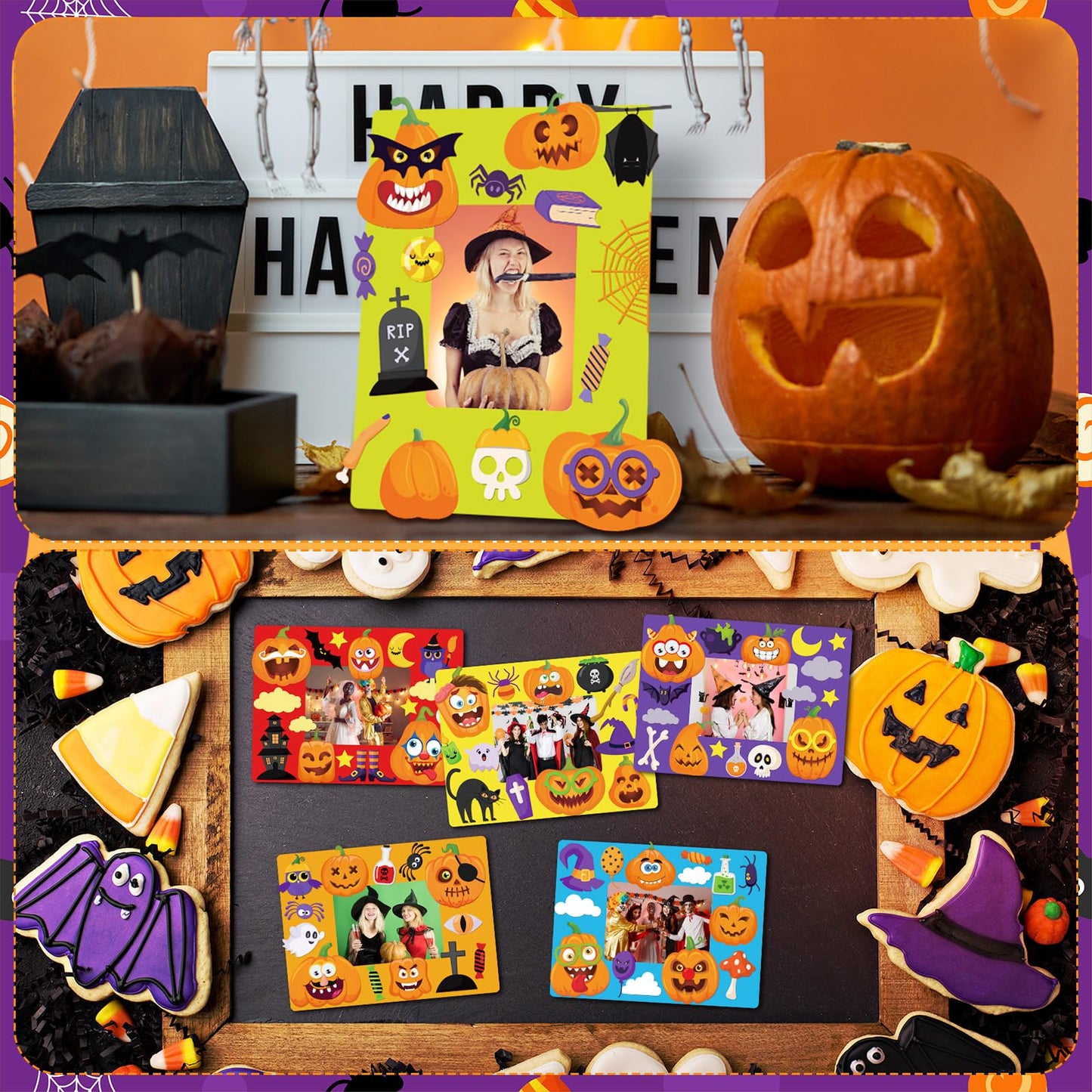 Qunclay 96 Pcs Halloween Picture Frame Craft Pumpkin Make a Face Stickers Picture Frames DIY Photo Frame Craft Classroom Home Game Activities Holiday Gift