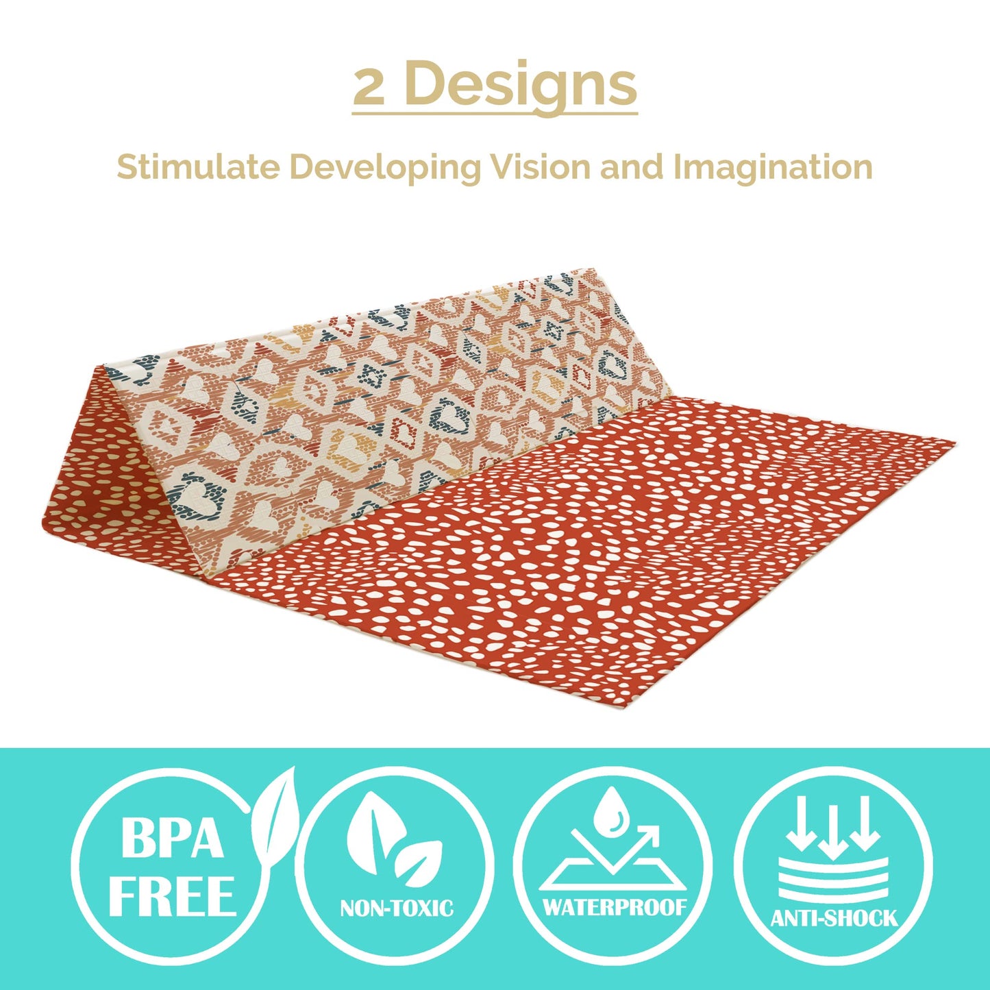 JumpOff Jo Foldable Foam Play Mat – Large Waterproof Baby & Toddler Activity Floor Mat, Double-Sided 70 x 59 Inch Play Surface - Boho Hearts