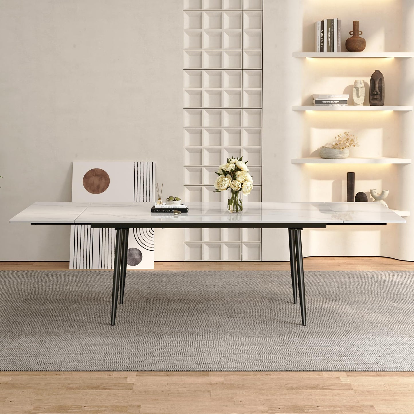 62.9"–94.4" Extendable Sintered Stone Dining Table for 6–10, Modern White Rectangular Kitchen Table with Stainless Steel Legs, Heat & Scratch Resistant, for Indoor & Outdoor Use