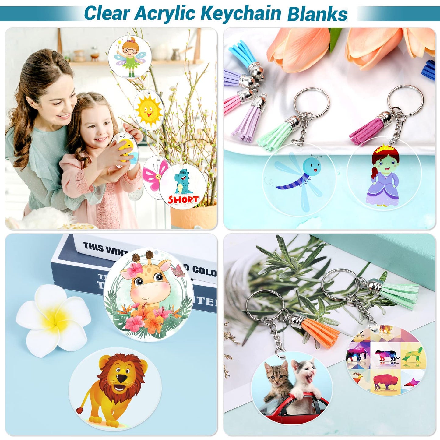 350Pcs Acrylic Keychain Blanks Cludoo Clear Acrylic Ornament Blanks for Vinyl with 60 Pcs Blanks, 60 Pcs Keychain Tassels, 170 Pcs Jump Rings and 60pcs Rings for DIY Craft
