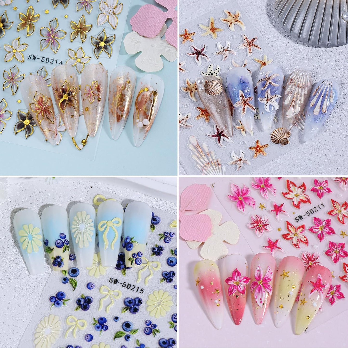 5D Flower Nail Stickers for Nail Art - Self-Adhesive 3D Embossed Floral Nail Decals with Starfish Shell & Bow Designs, Cute Summer Ocean Nail Stickers for Women DIY Manicure 4 Sheets