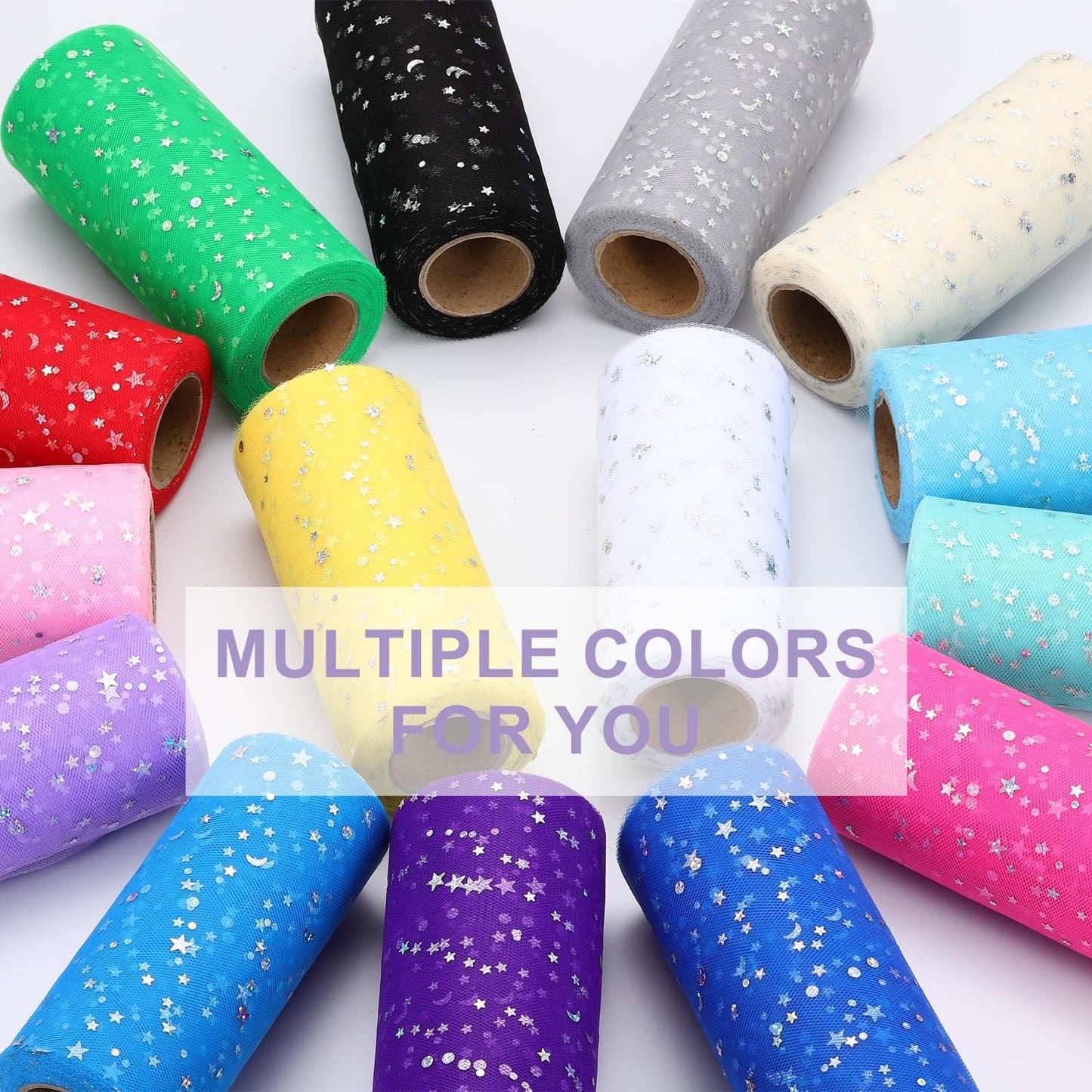 DEFANEX Glitter Tulle Ribbon (6 Inch x 25 Yards) - Star Moon Pattern Wide Mesh Ribbon Sparkle Fabric Tulle Rolls, for DIY Tutu Skirt Bow Wedding Decor Gift Wrapping, Black