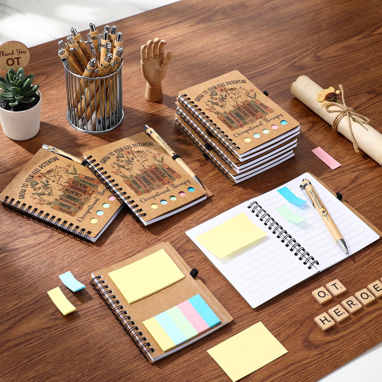 Jetec 20 Set Occupational Therapy Appreciation Gifts Bulk OT Month A6 Spiral Journal Notebooks with Sticky Notes Bamboo Pens for Occupational Therapist Must Haves Supplies