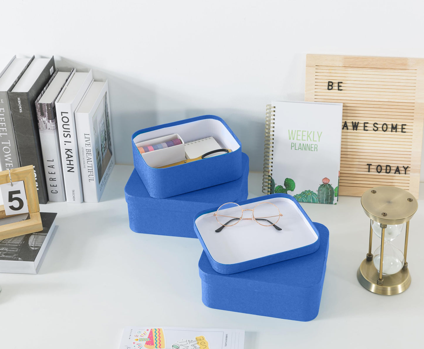 Soul & Lane Set of 3 Textured Royal Blue Boxes with Rounded Edges, Nesting Decorative Cardboard Boxes with Lids, Large Paperboard Storage for Organizing, Keepsakes, Gifts