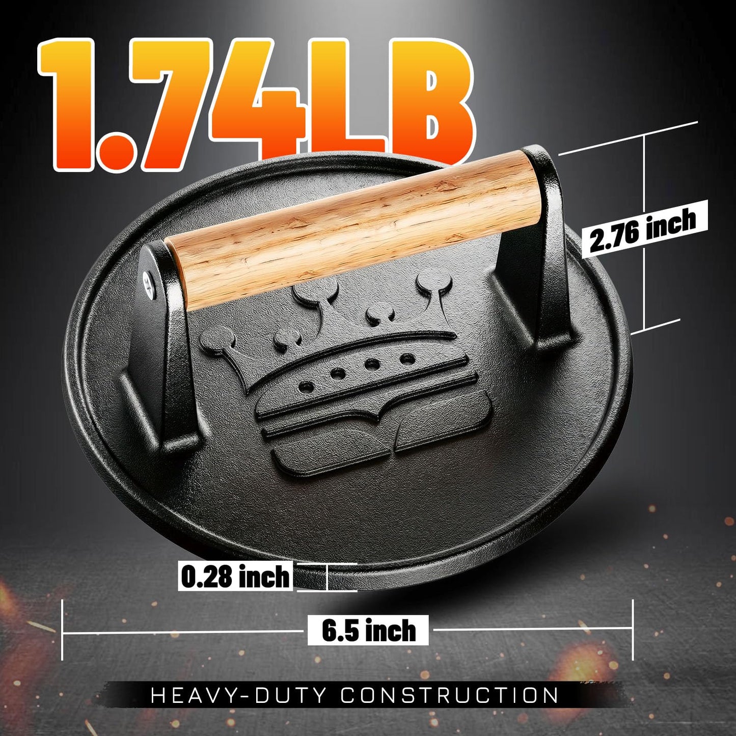 Smash Burger Press 6.5”,Cast Iron Flat Round Edge Grill/Bacon/Meat/Hamburger/Chef Press with Wood Handle,1.74lb hamburger press patty maker for Griddles,Nonstick burger smasher for griddle accessories
