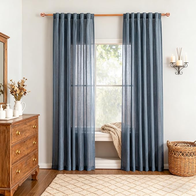 MYSKY HOME Living Room Curtains 90 Inches Long Farmhouse Light Filtering Privacy Curtain Drapes for Patio Door, Linen Look Texture Fabric Bohemian Draperies Soft Touch, 50x90, Dusty Blue, 2 Pieces