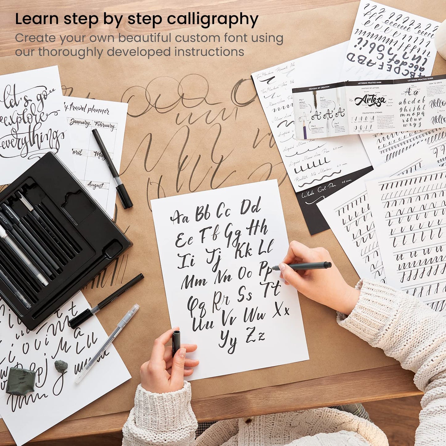 ARTEZA Hand Lettering Pens Set of 12 – Calligraphy and Brush Pens with Guidebook, Pencil, Eraser for Beginners Learning Hand Lettering and Decorative Writing