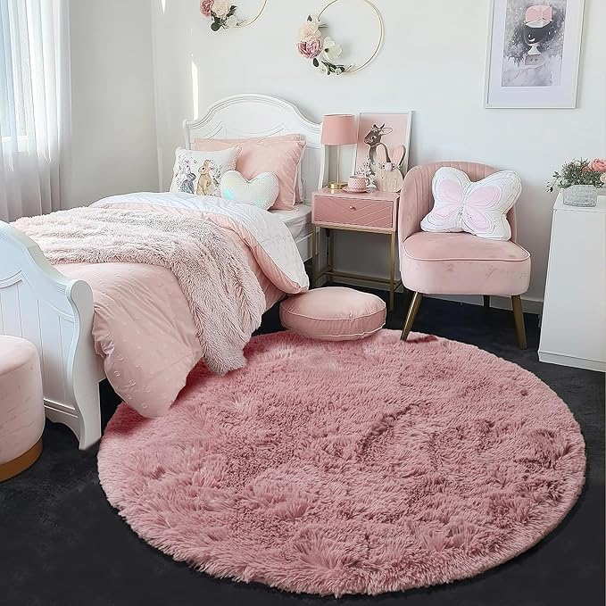Blush Fluffy Round Rug 5Ft for Bedroom, Fuzzy Plush Circle Area Rugs for Baby Kids Room Decor Aesthetic, Shaggy Circular Carpet for Teen Girls Nursery Dorm Playroom, Cute Dusty Rose Mauve Rug
