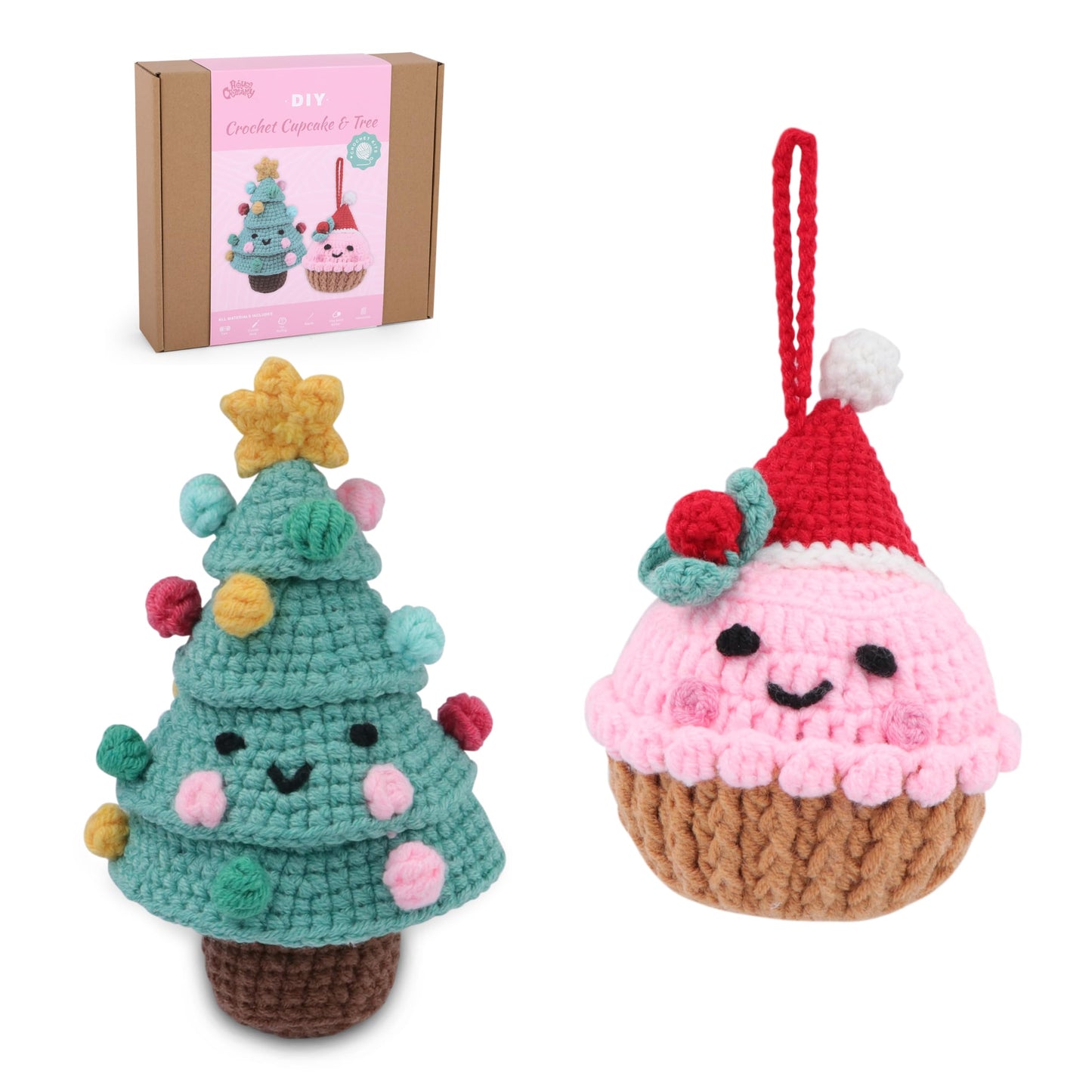 HOUSE CREATIVITY Crochet Kit for Beginners – Make a Christmas Tree & Cupcake, Amigurumi Crochet Starter Kit with Video Tutorial, Yarn & Hook, DIY Holiday Ornament & Cute Desk Decor Gift