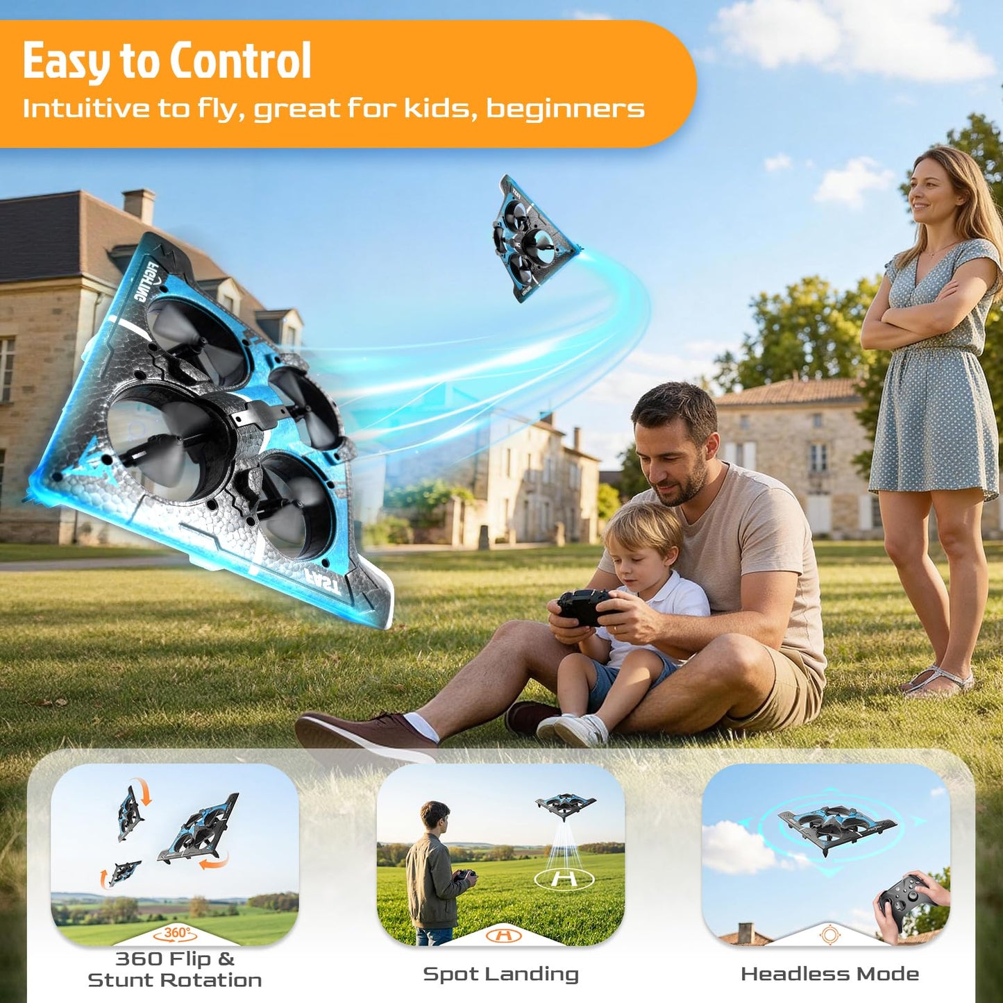 Foam Bomber-Style Drone - RC Airplane with Cool Blue LED Lights, Easy-to-Fly Remote Control Aircraft for Beginners, 2 Batteries (15 Mins Flight), Altitude Hold & 360° Flips, Indoor/Outdoor Hobby Gift