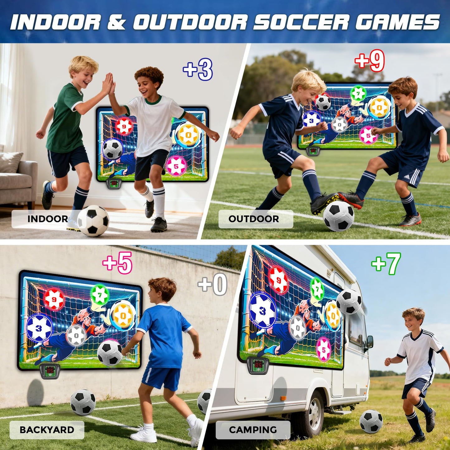 VATOS Electronic Scoring Soccer Toy Game Set for Kids, Indoor Outdoor Soccer Training Target with Real-Time Scoring, 2 Modes, Fabric Goal and 2 Soft Balls, Fun Sport Birthday Ages 3+