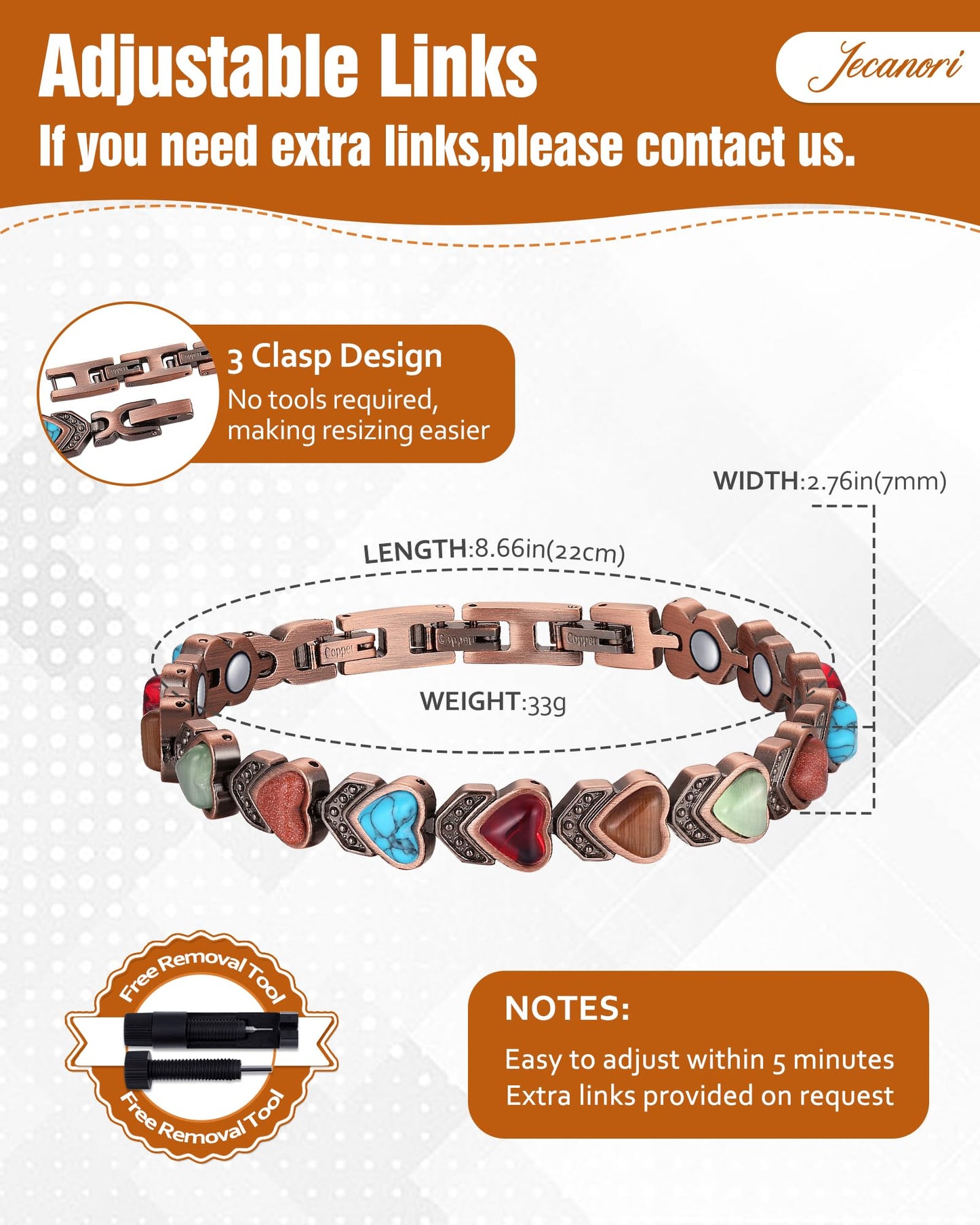 Jecanori Copper Bracelets for Women, Effective Magnetic Bracelets for Women with 3800 Gauss Ultra Magnets and Sizing Tool