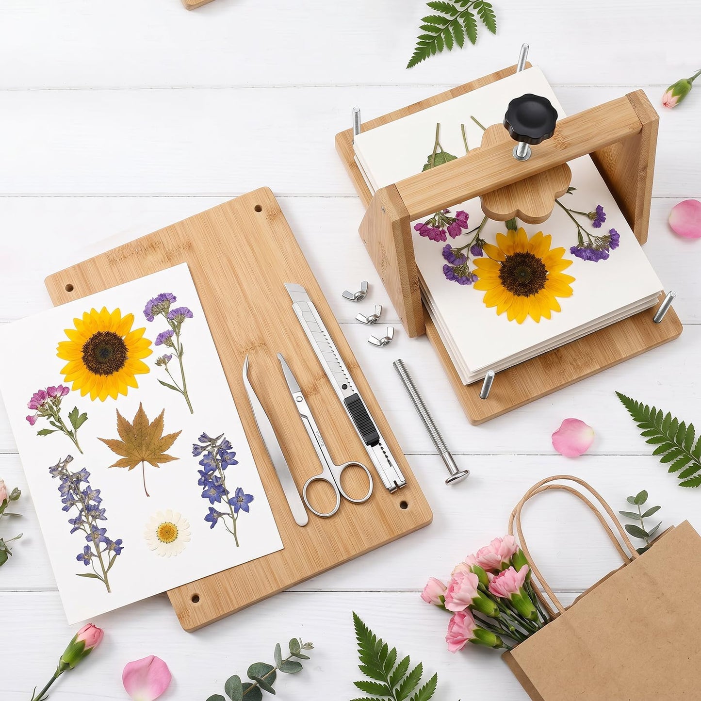 HomdMarket Spring Flower Press Kit - 12"x8" Wooden Press with 6 Layers & Even Pressure, Includes Tools & Archival Envelopes for Dried Flowers, Wedding, Resin Art