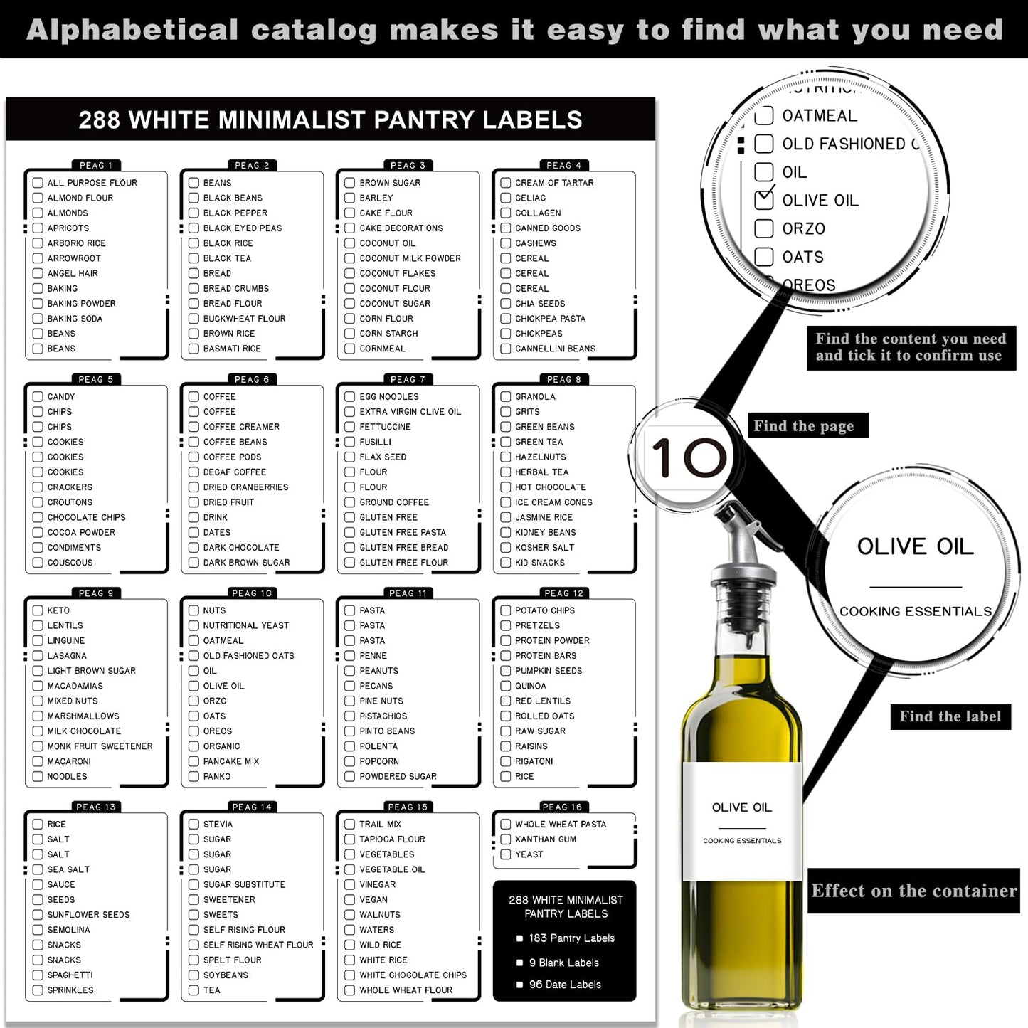 Kuocodall 288 Pantry Labels for Food Containers, Preprinted Minimalist Waterproof Stickers for Organizing Storage Bins, Jars and Kitchen