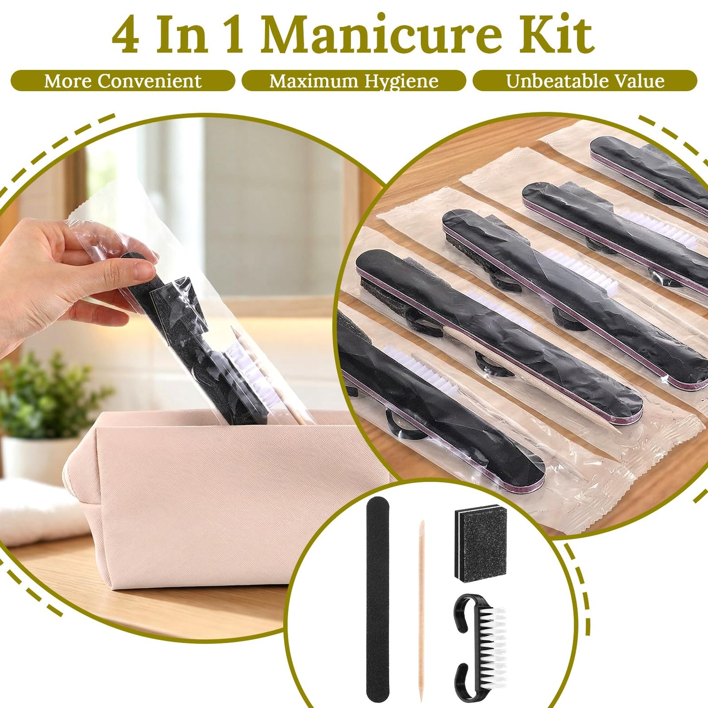 100 Sets Black Disposable Manicure Kit 4-in-1 Nail Kit for Business, Handle Grip Brush, Mini Nail Buffer Nails File and Wood Stick for Gifts Salon Professional
