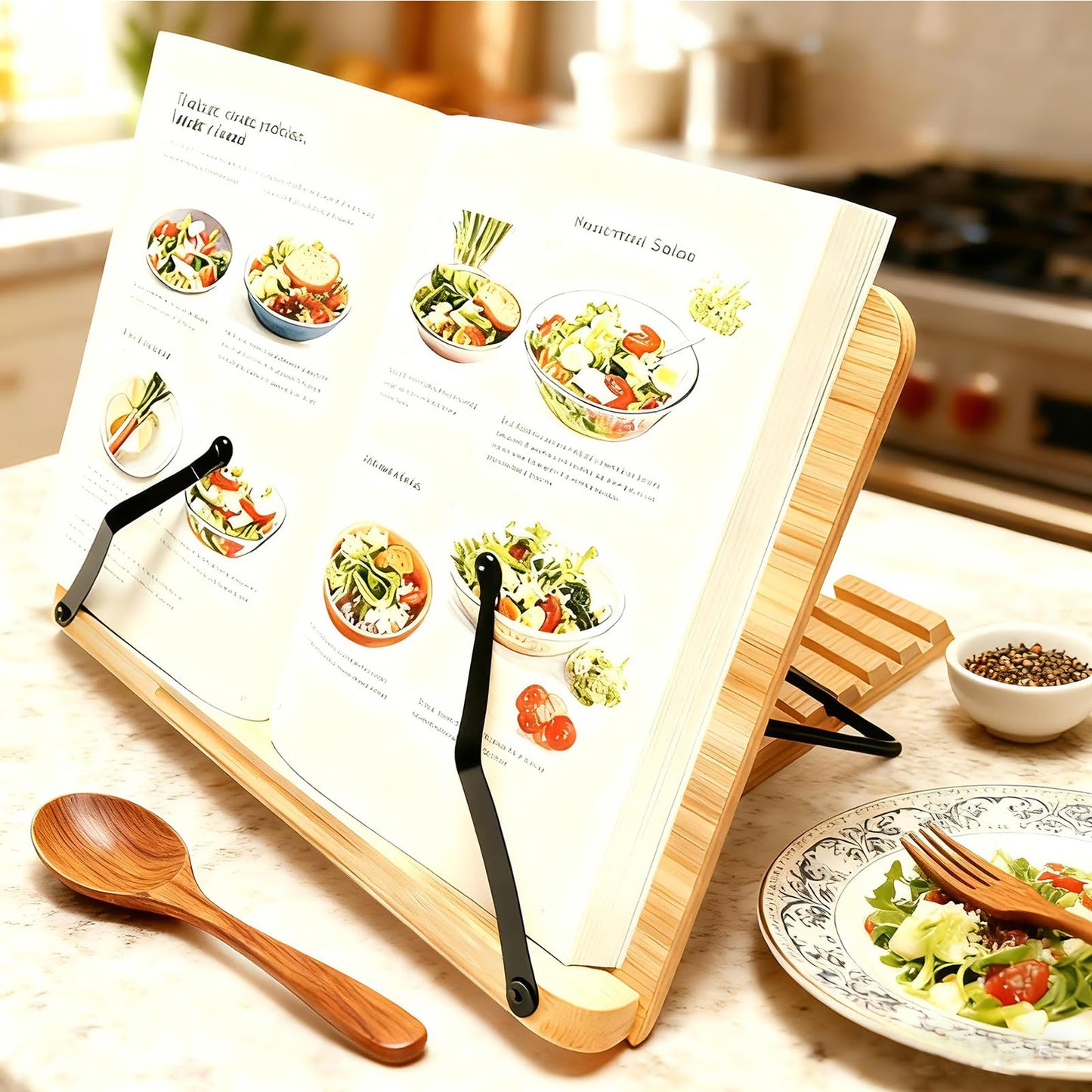 Cookbook Stand for Kitchen Counter, 5-Level Adjustable Elegant Bamboo Recipe Book Holder, All-in-One Design Locks Flat for Easy Storage, Holds 1 inch Thick Books for Cooking, Working, and Studying