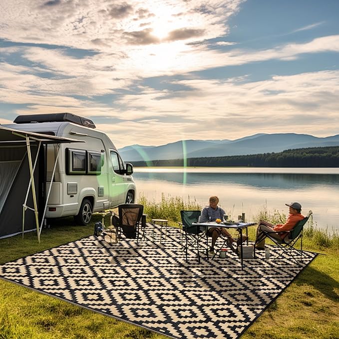 SAND MINE Waterproof Outdoor Rug 8x8 ft, Plastic Reversible Rug, Modern Area Rug, Large Floor Mat for Outdoors, RV, Patio, Backyard, Deck, Picnic, Beach, Camping, Black & Beige