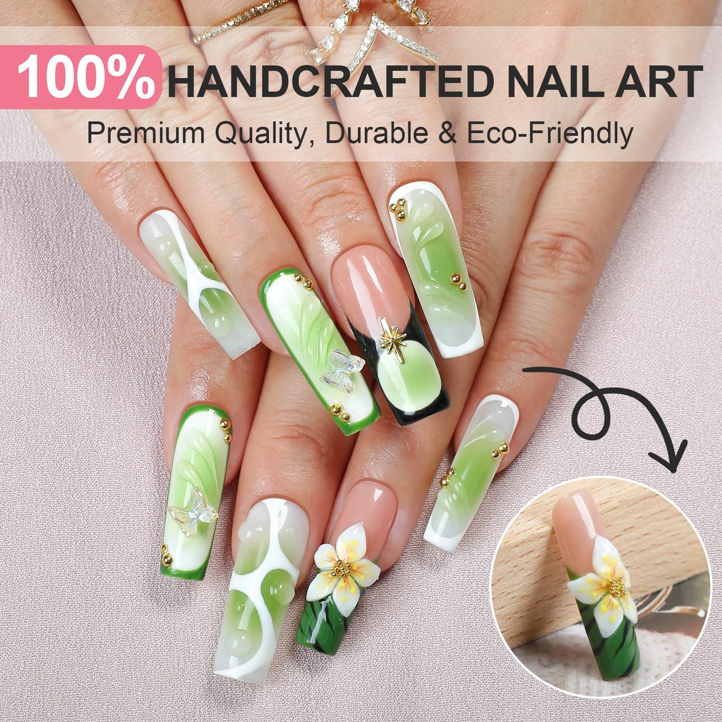 XGV 10pcs Handmade Press on Nails Medium Long Square Nails, Glossy Nude Pink and Green Fake Nails with 3D Flower Reusable Nails Tips