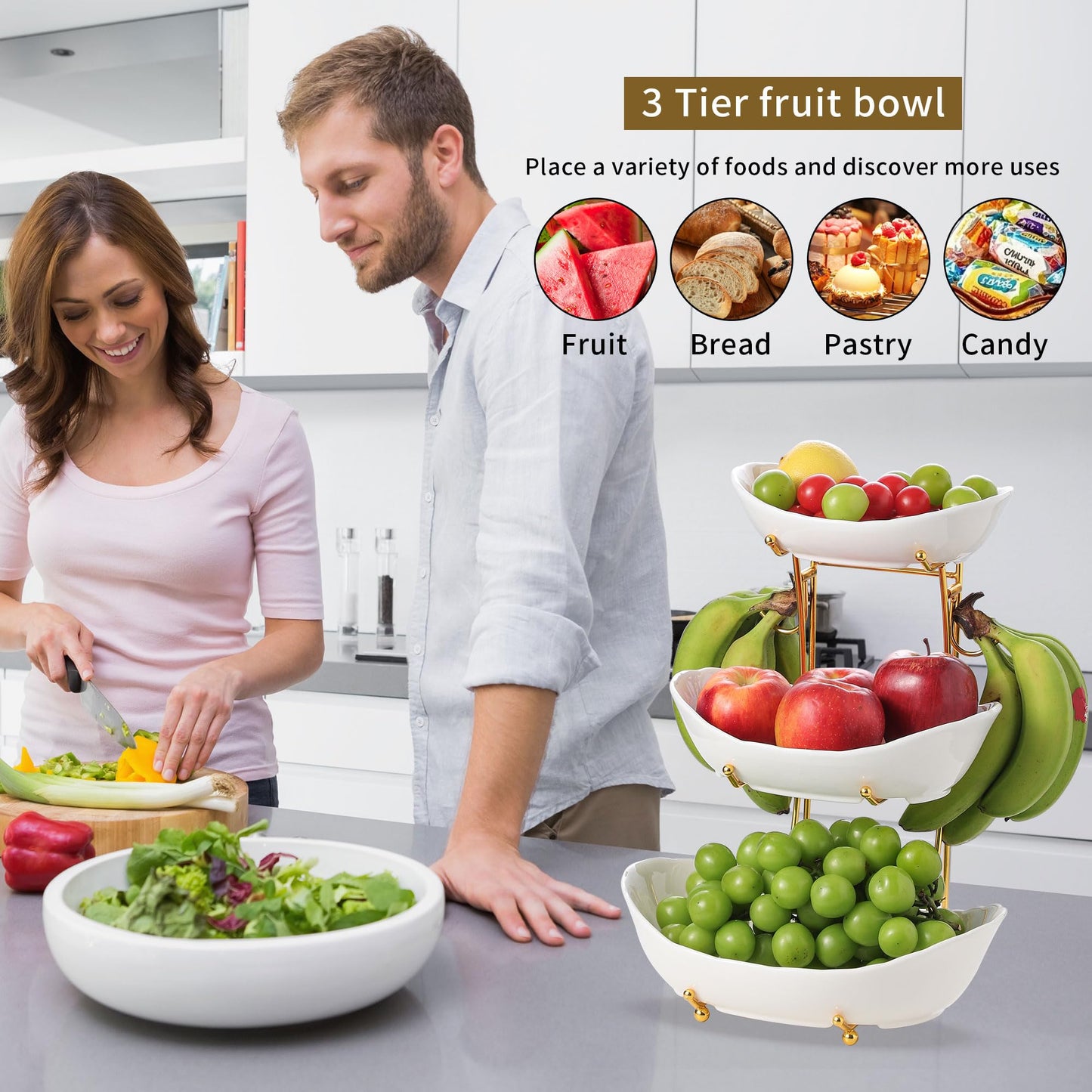 Leijosya Elegant 3-Tier Ceramic Serving Bowl Set with Gold Stand, White Decorative Display Bowls for Fruits, Desserts, Appetizers