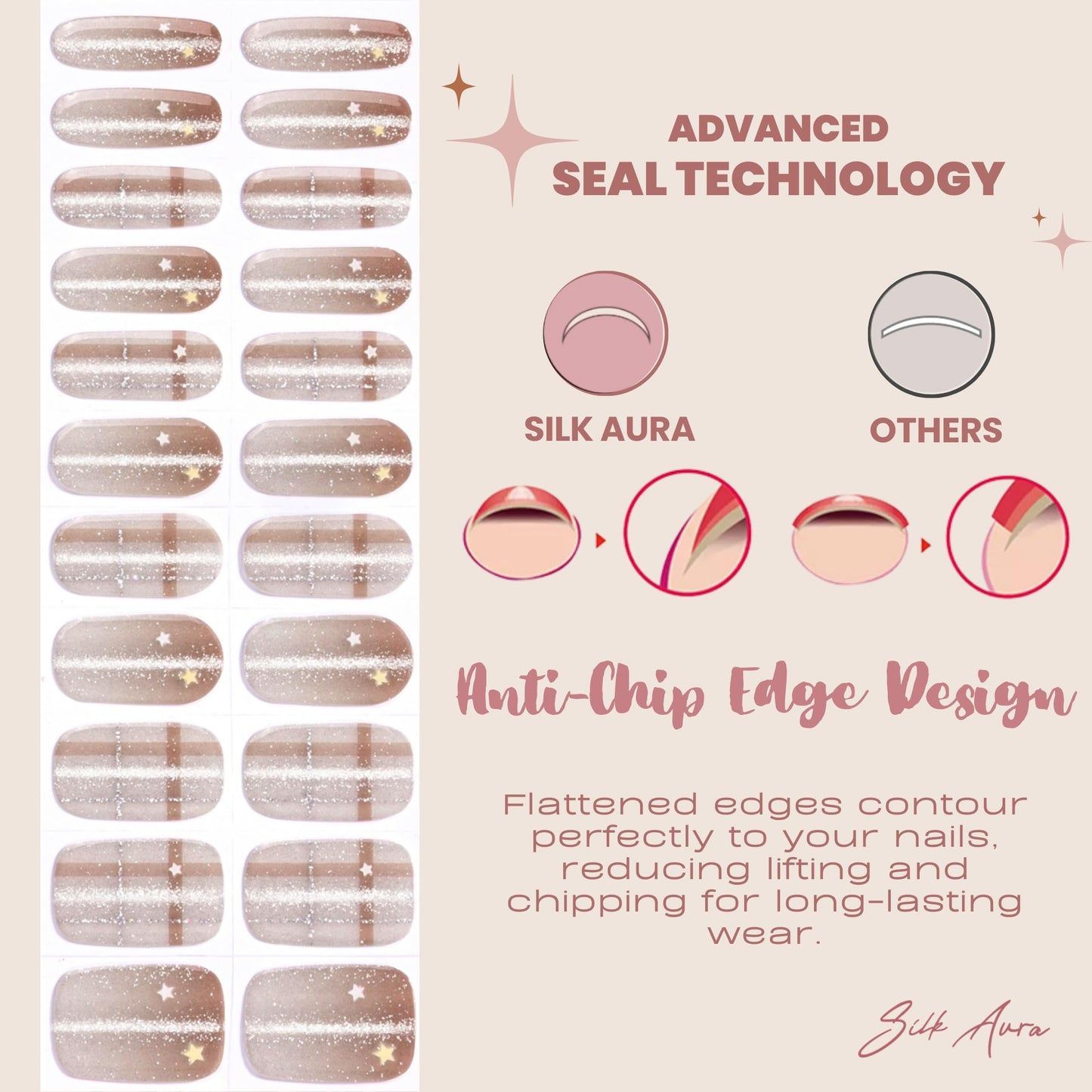 Silk Aura Nail Foils, Self-Adhesive Gel Nail Strips, No UV Needed, Gradient Glitter Shiny Nude Nail Stickers, Waterproof, Long-Lasting, Natural Manicure Design for Fingers & Toenails