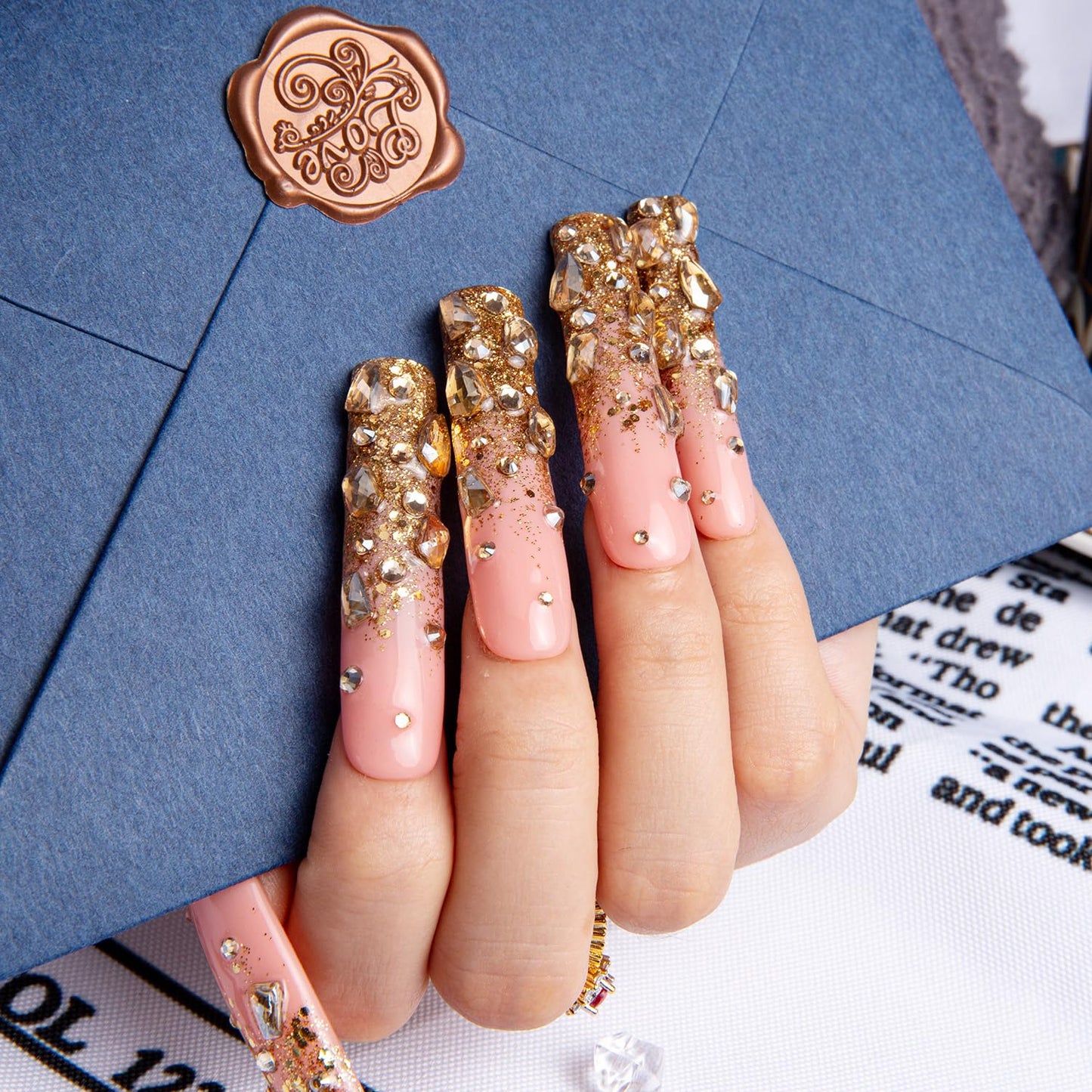 LOVFUL Gold Bling Press On Nails, Stunning Drill Glue On Nails, Luxury Fake Nails, Princess Nails | Handmade Nails l Fake Stick on nails | Square Long 2.2 in | H84(L)