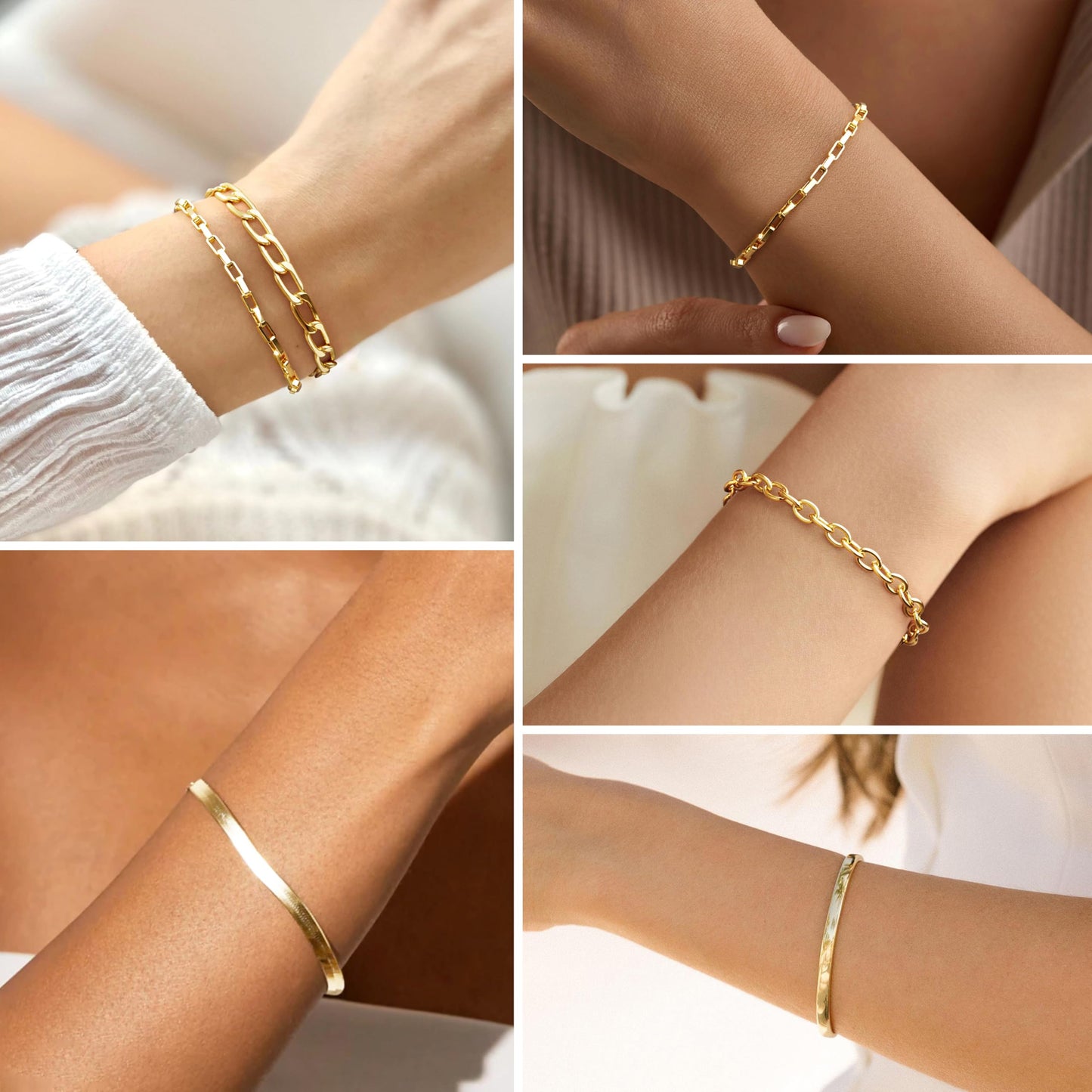 Gold Bracelets for Women Non Tarnish Bangle Cuff, Stackable Bracelet Set on Chunky Bangle Cuff, Box Link, Paperclip, Herringbone, Figaro Chain, Adjustable Waterproof Non Tarnish Jewelry Gifts for Women