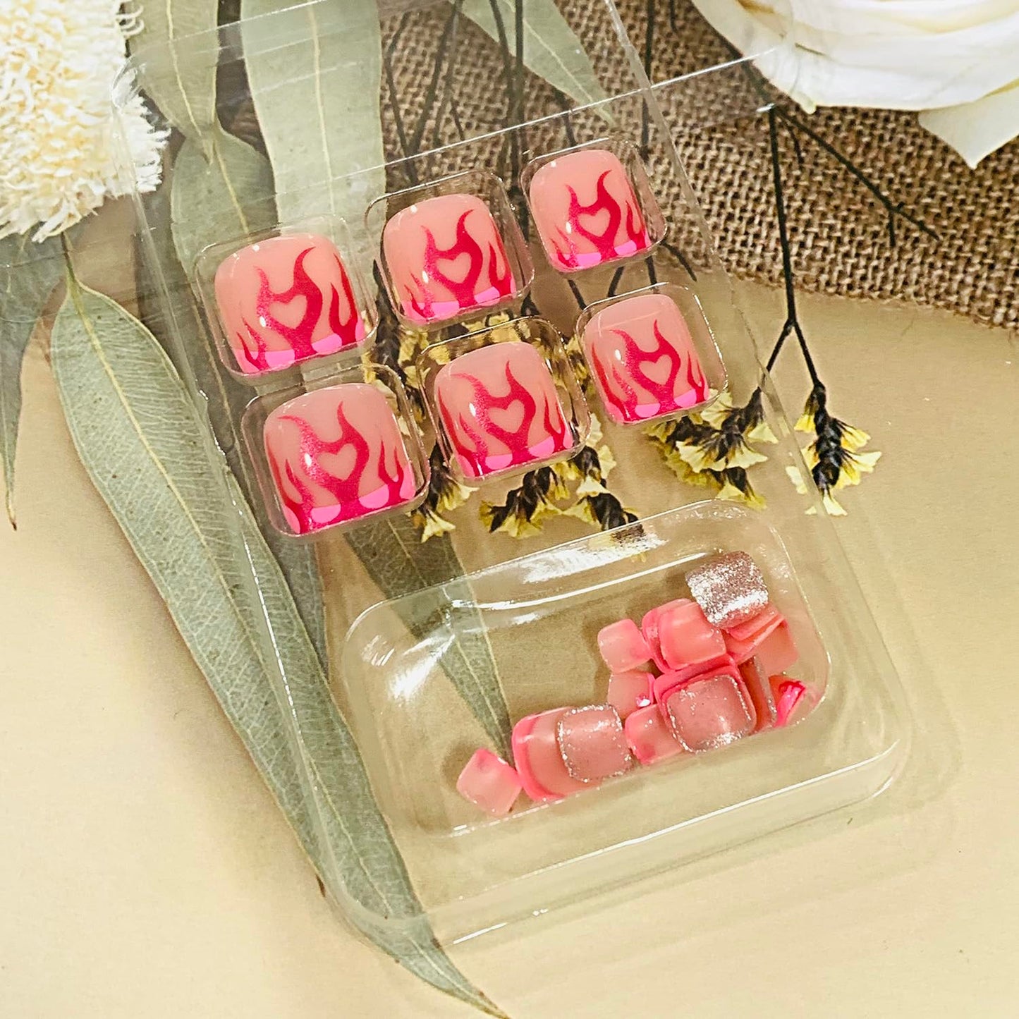 FIEONCIY 24pcs Press-on Square Acrylic False Nails Set with Glue, Pink French & Flame Designs, Spring & Summer, Full Cover Nails, Women's DIY Manicure