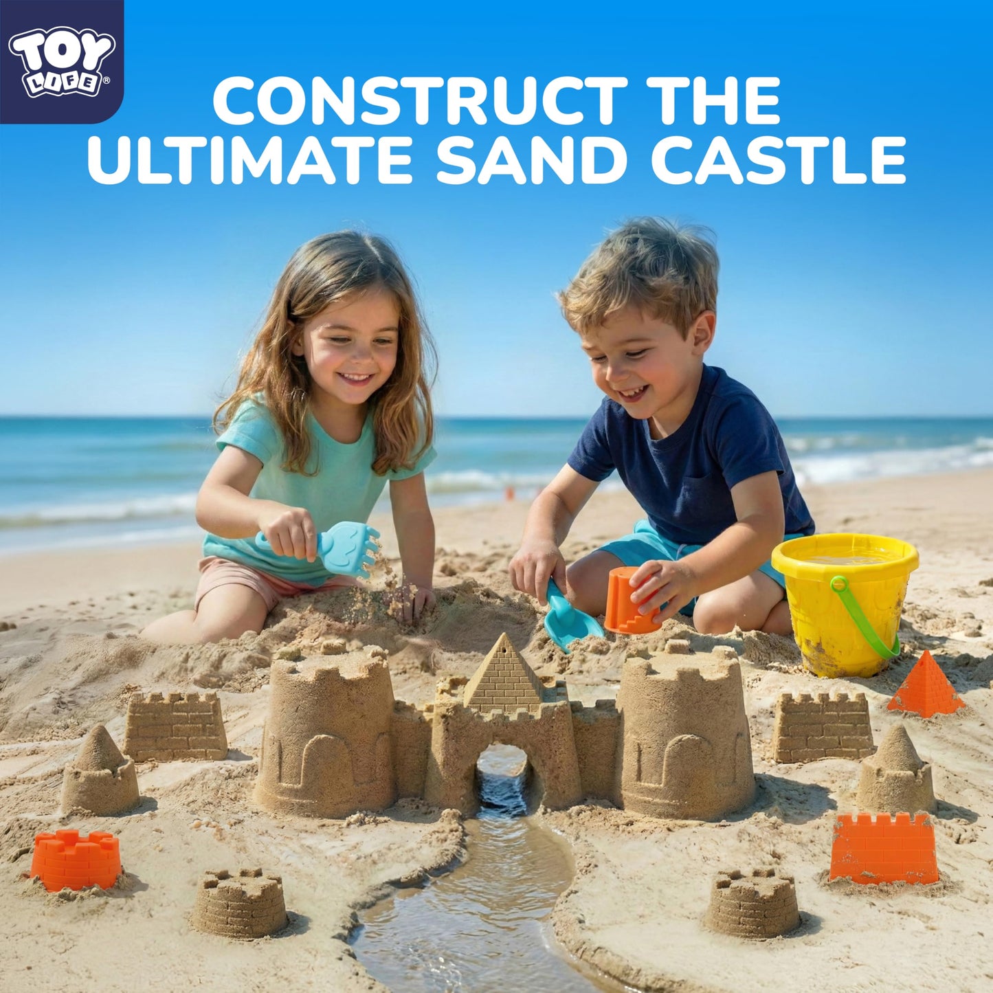 TOY Life Kids Beach Sand Castle Bucket Set, 2 Buckets with Mesh Bag, 6 Molds, 2 Shovels, Colorful Plastic Beach Toys for Summer Play