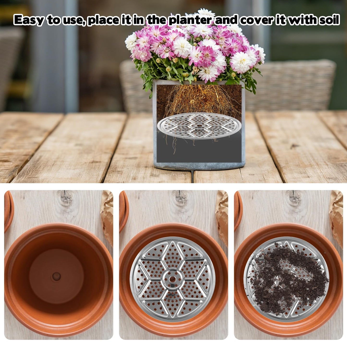 6 Pack Round Planter Insert, 9.4/11/12.5-Inch Planter Inserts with Drainage Holes Stainless Steel Plant Risers for Inside Pots for Tall or Short Planters Use Less Potting Soil Indoor & Outdoor