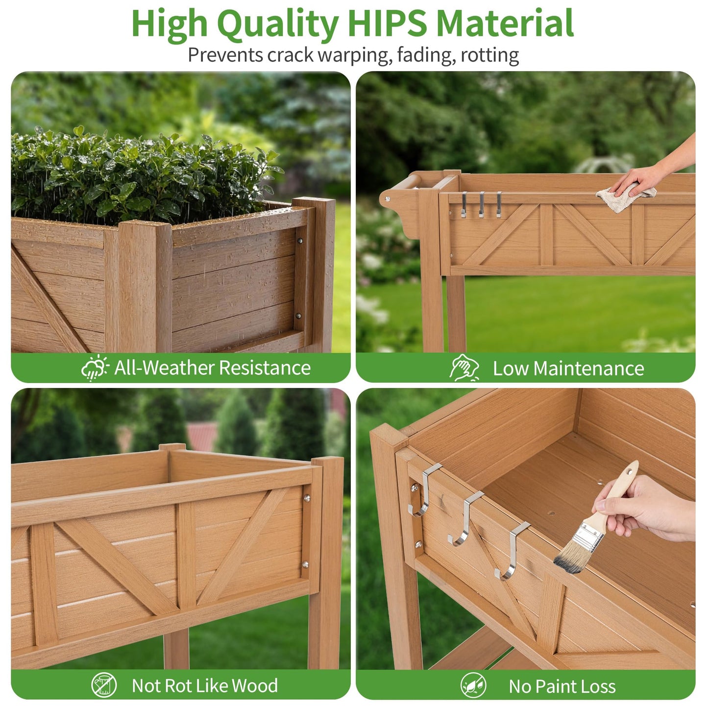 HIPS All-Weather Raised Garden Bed with Legs,47.2"L x 17.3"W x 29.7"H Large Elevated Planter Box with Wheels & Handle,Raised Bed Planters with 3 Hooks & Non-Woven Liner for Vegetables Flower Herb
