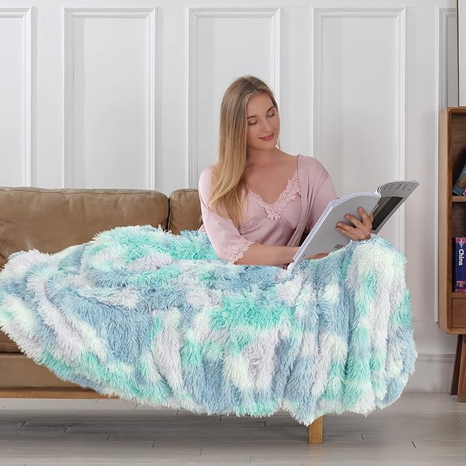 Tuddrom Decorative Extra Soft Faux Fur Throw Blanket,Solid Reversible Fuzzy Lightweight Long Hair Shaggy Blanket,Fluffy Cozy Plush Fleece Comfy Microfiber Fur Blanket for Couch Sofa Bed,Tie Dye Blue