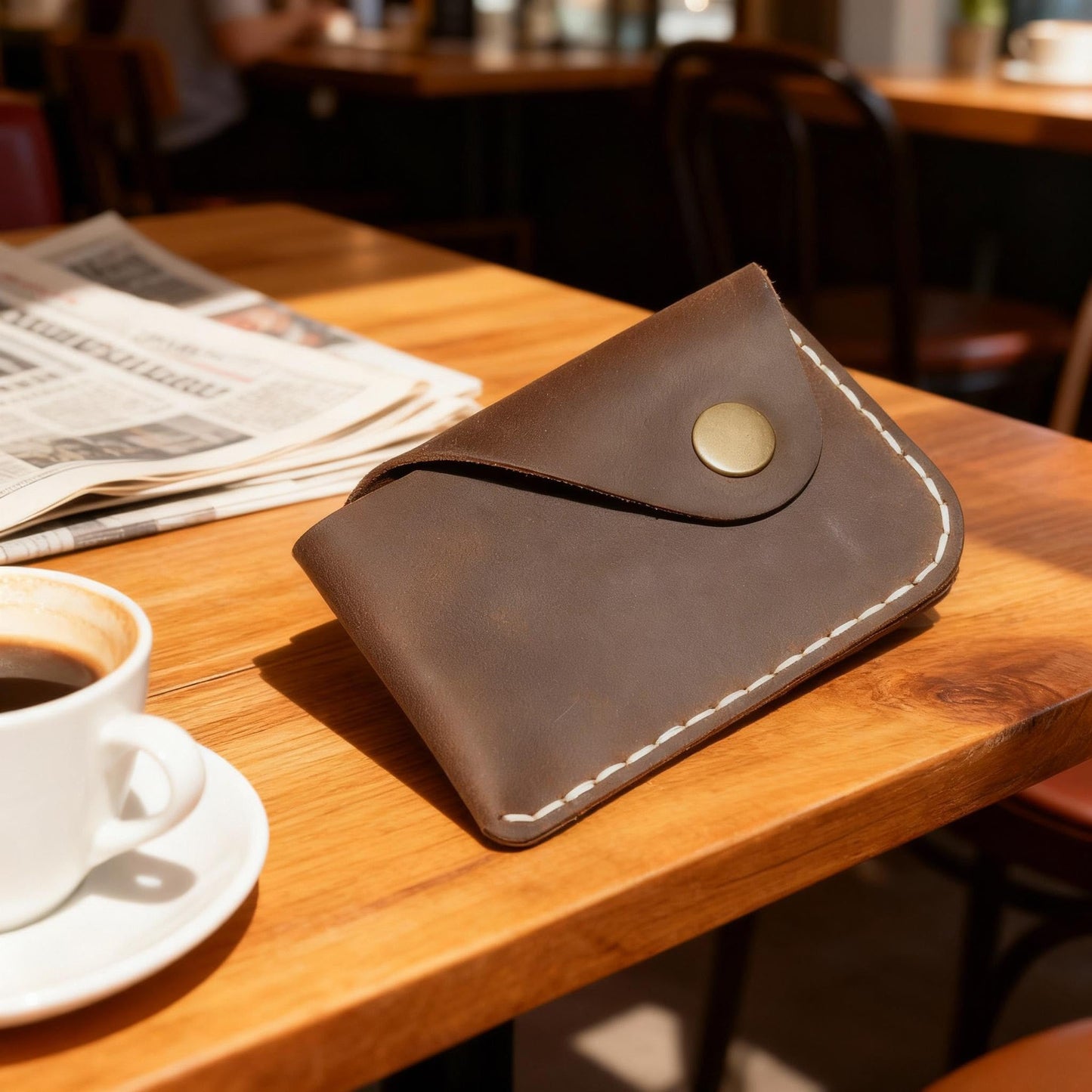 Handmade Genuine Leather Card Holder with Snap Closure - Ultra Slim Minimalist Wallet, Hand-Stitched Compact Front Pocket Card Case for Men & Women (Dark Coffee)