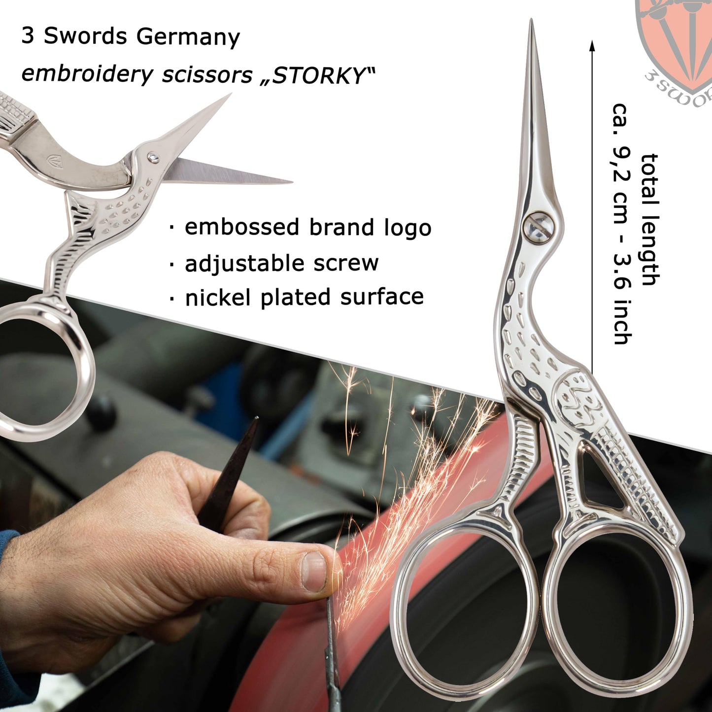 3 Swords Germany - Embroidery Scissors, Stork Scissors Shears for Art Work, Daily Use in Household, Sewing, crocheting, Art Work, Craft, needle work with black Synthetic Leather case