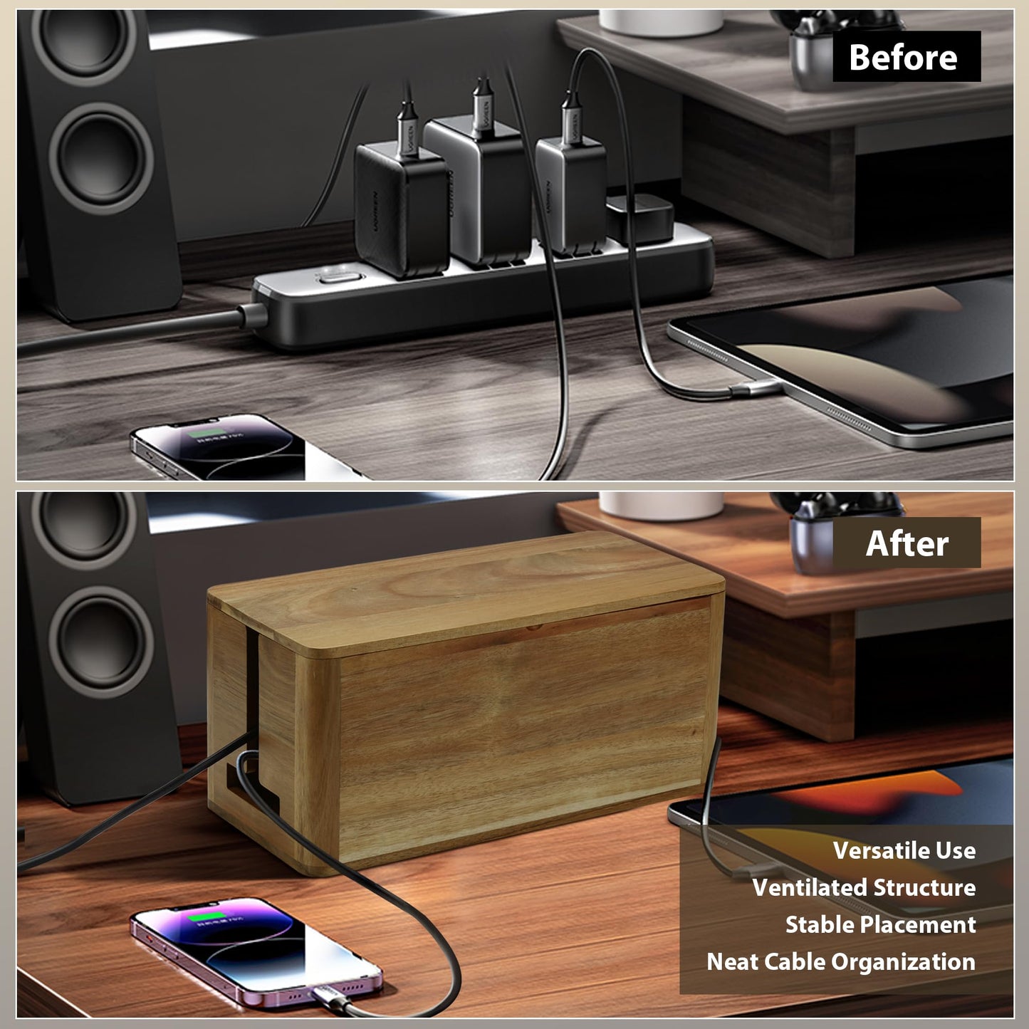 YCLYC Large Acacia Wood Style Cable Management Box, Cord Organizer Power Strip Box with Magnetic Outlet Covers, Cord Hider for Desk and Floor Cable Storage, Ventilated Design