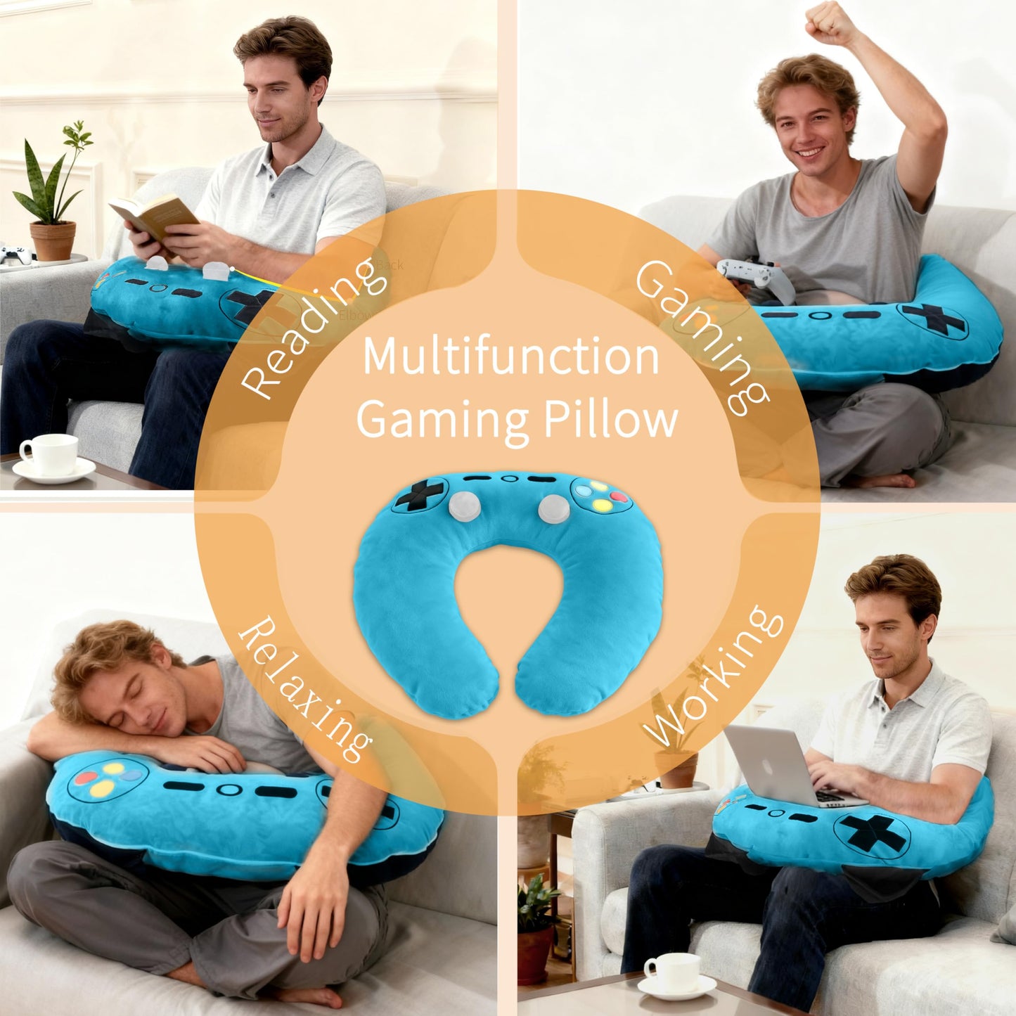 Moginno Gaming Pillow, Lap Desk Reading Pillow for Adults Teens, Arm Support Pillow for Sitting in Bed Sofa, Playing Steam Deck/Switch/Xbox/PS5, Gamer Gifts for Men Teenage Boy, Blue