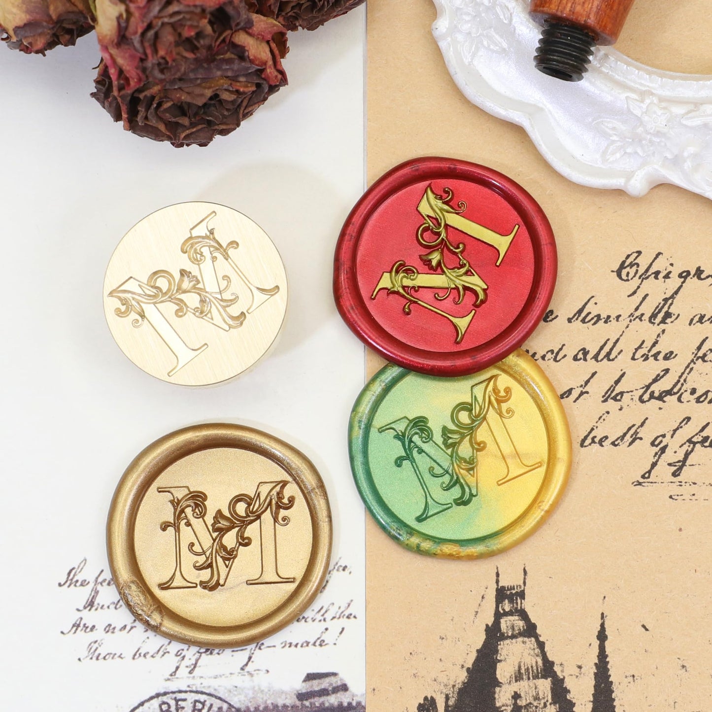 Letter Wax Seal Stamp Kit, SWANGSA 3D Floral Initial Alphabet M Sealing Stamp and 200pcs Sealing Wax Beads Kit for Wedding Invitations Cards Envelopes