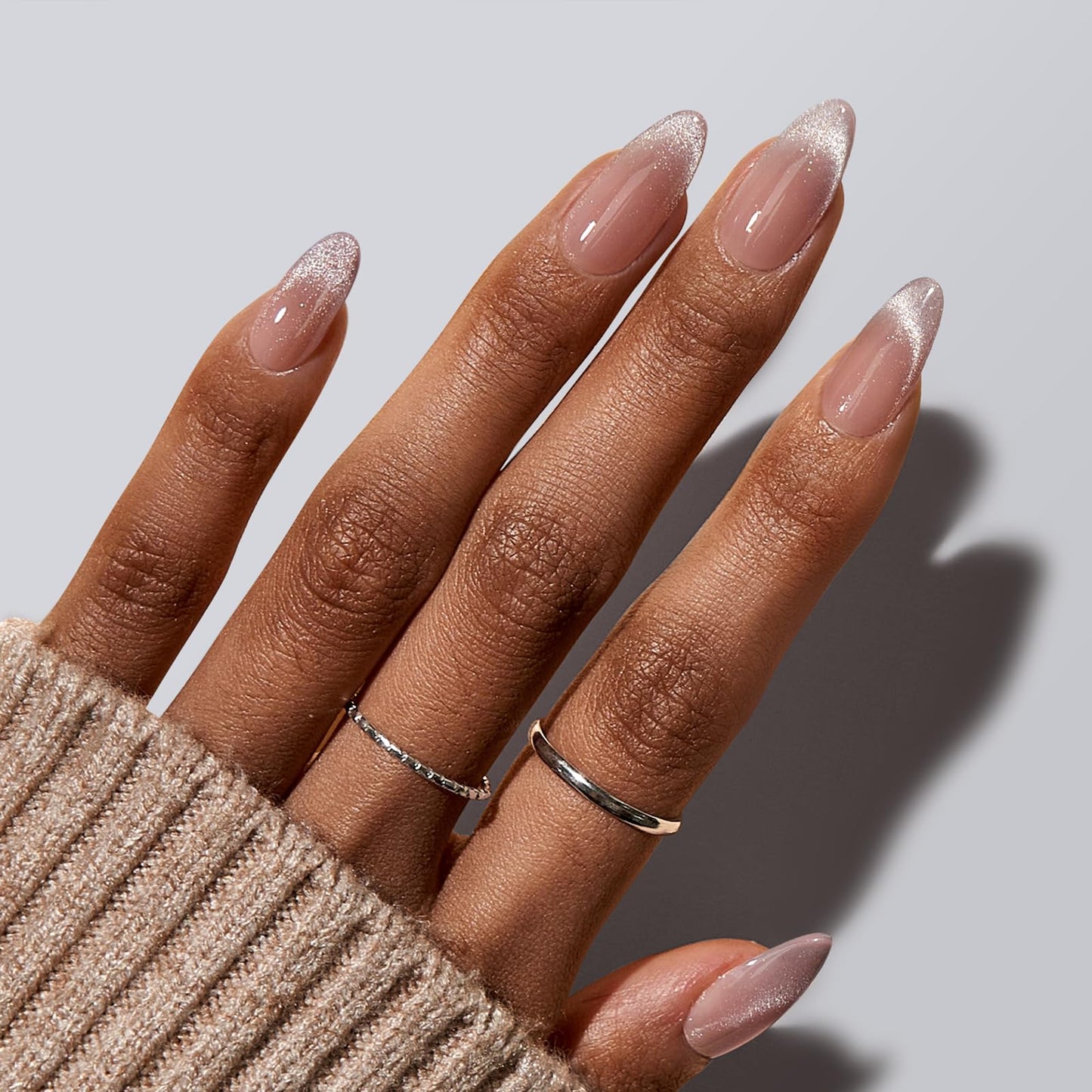BTArtbox Press On Nails Almond - Medium Cat Eye French Tip Nails with Glue for Daily Nail Art, Fake Nail Extensions In 16 Sizes - 32 Nail Kit, Liquid Radiance