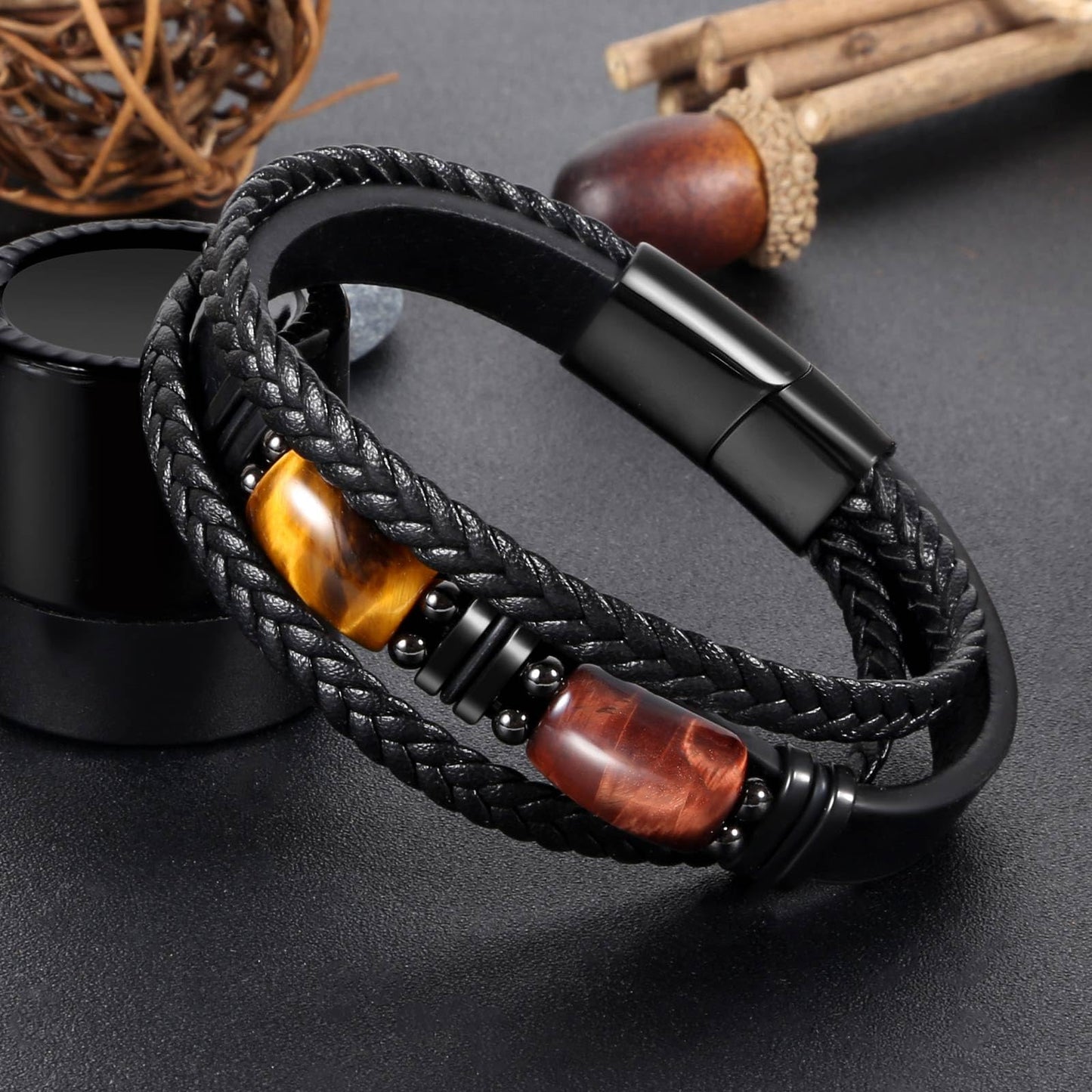Enjoy Risingsun Tiger Eye Black Leather Bracelet Men Natural Tiger Eye Gemstone Crystal Stone Jewelry Handmade Courage And Stress Relief Protection Bracelet